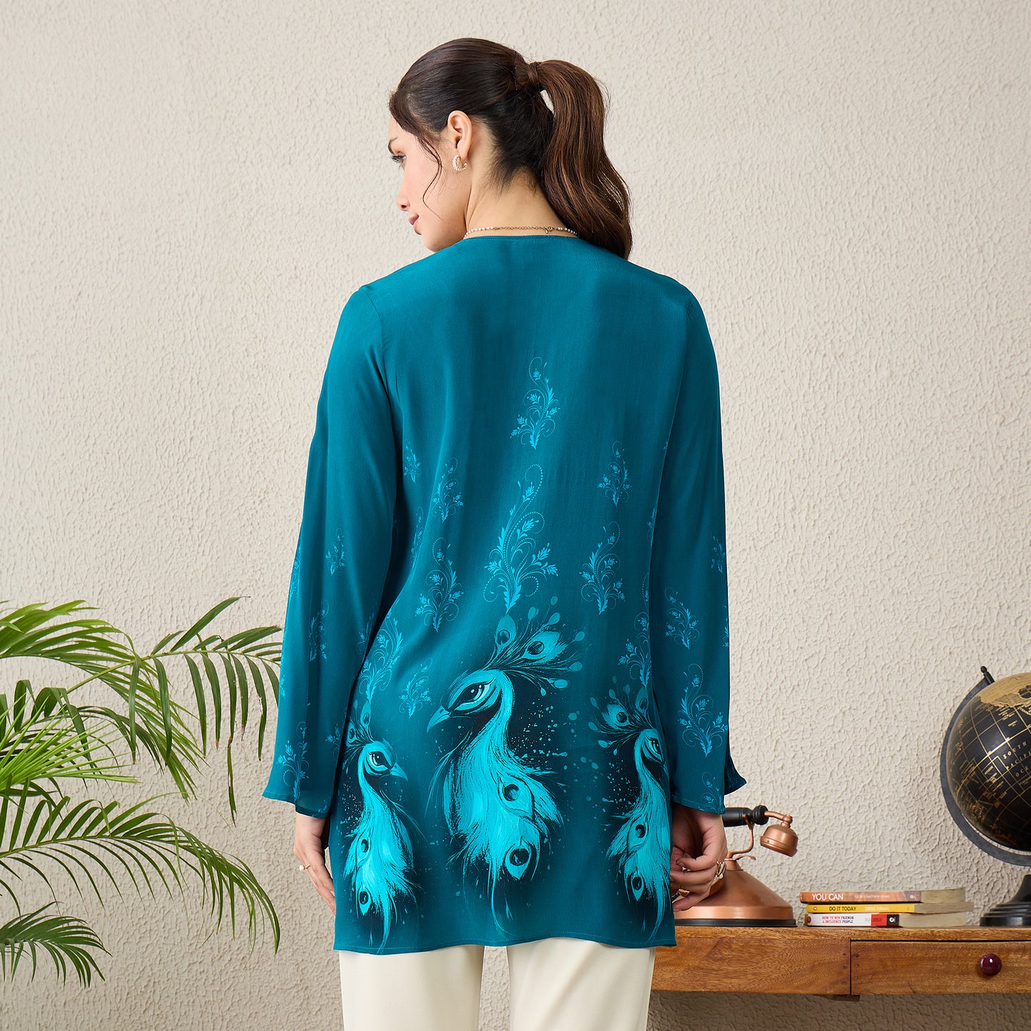 Teal Monochrome Peacock Printed Top