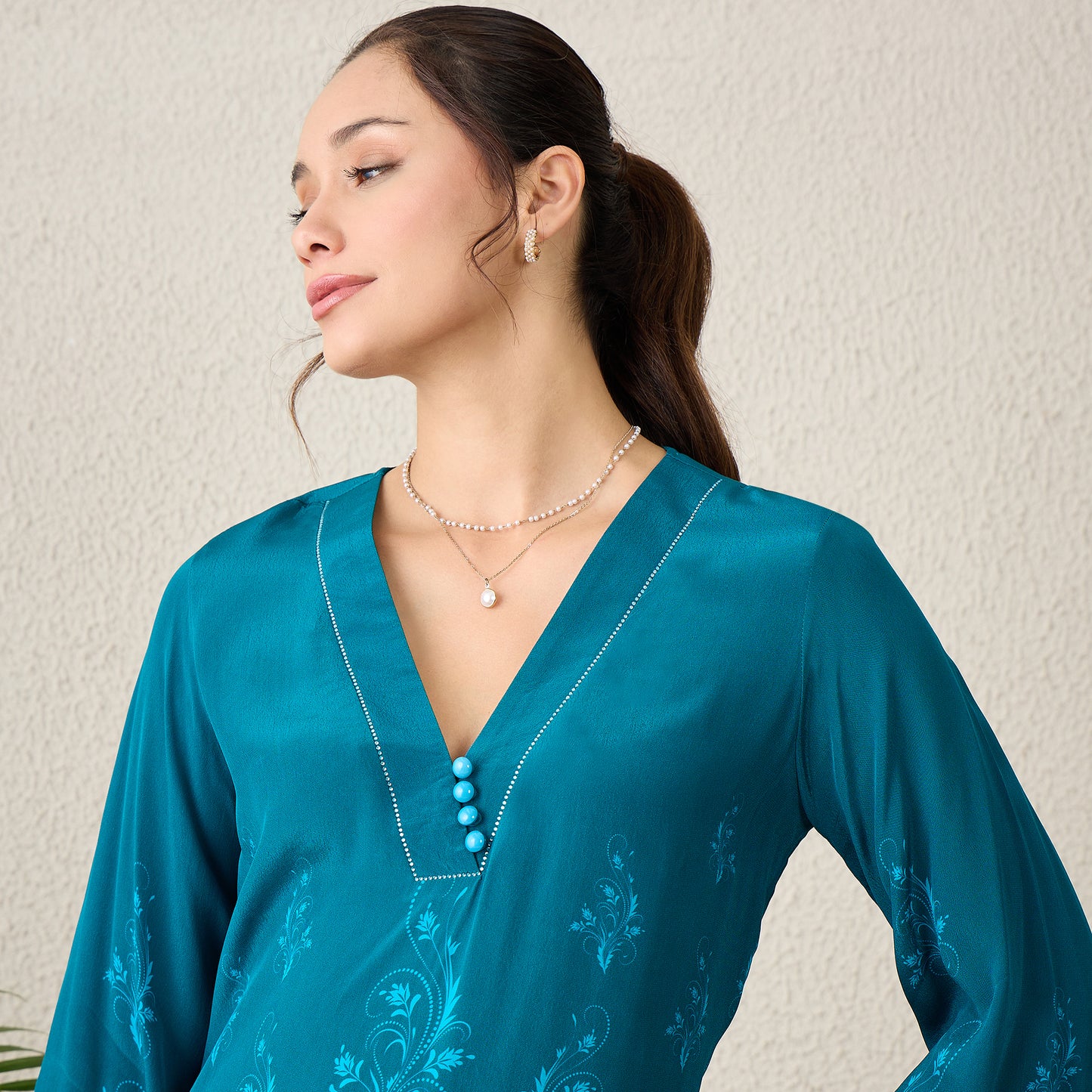 Teal Monochrome Peacock Printed Top