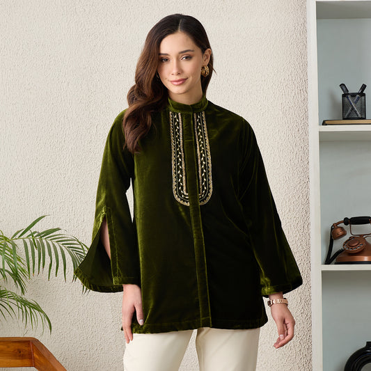 Green Golden Yoke Embroidered Velvet Top