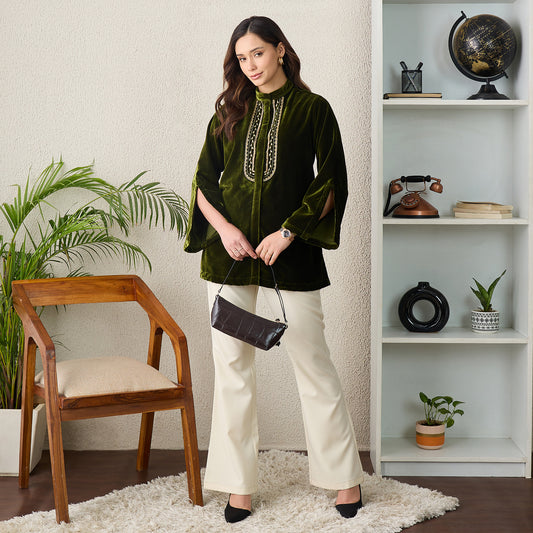 Green Golden Yoke Embroidered Velvet Top