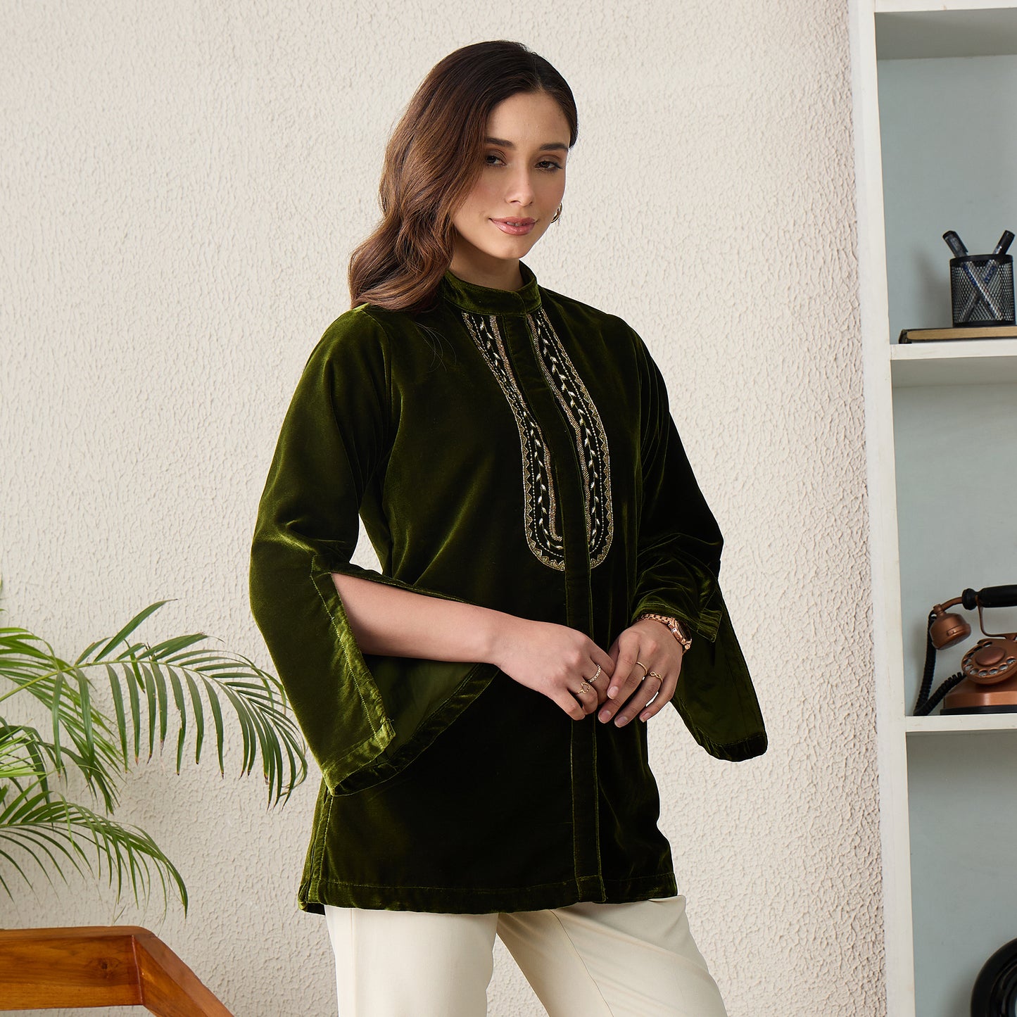 Green Golden Yoke Embroidered Velvet Top