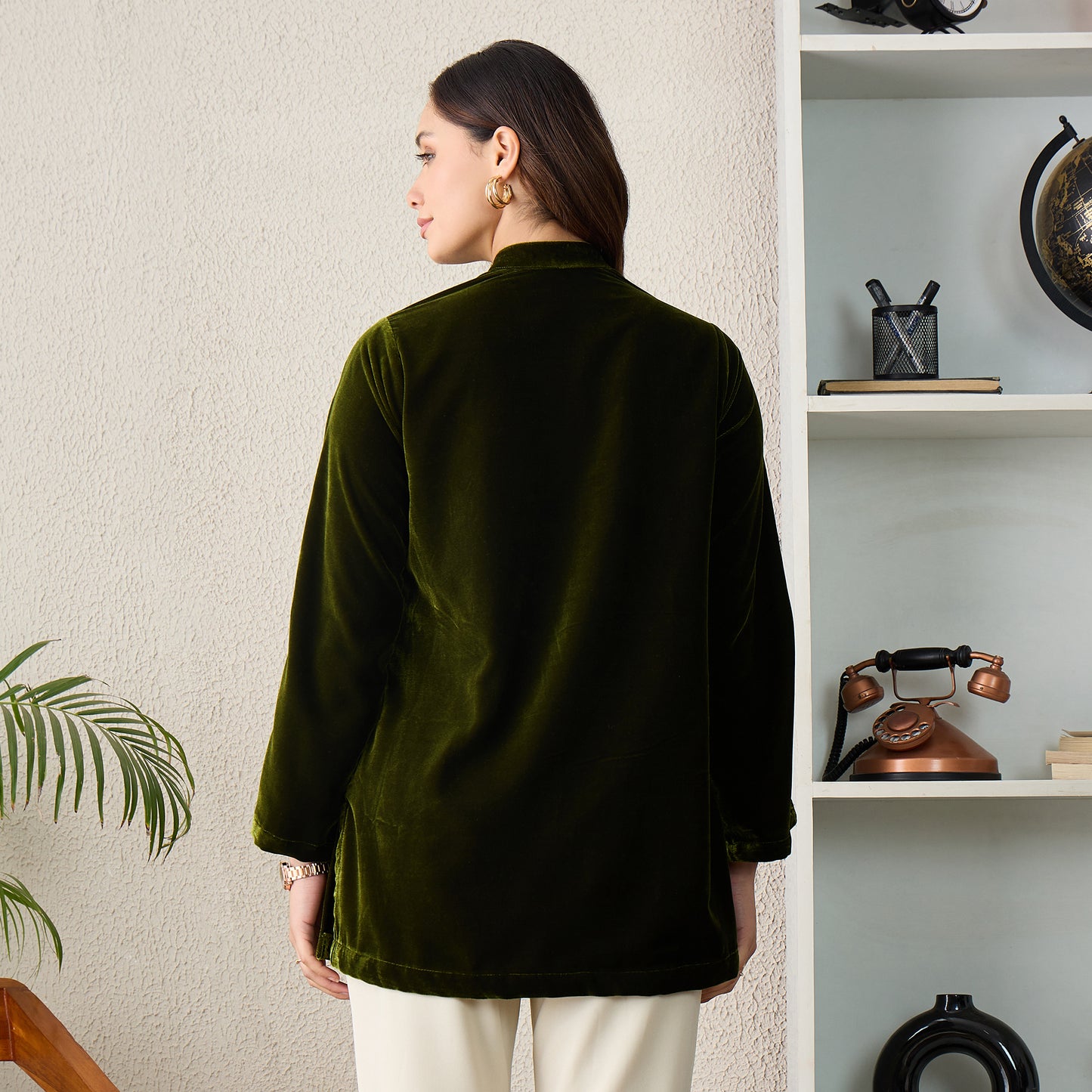 Green Golden Yoke Embroidered Velvet Top