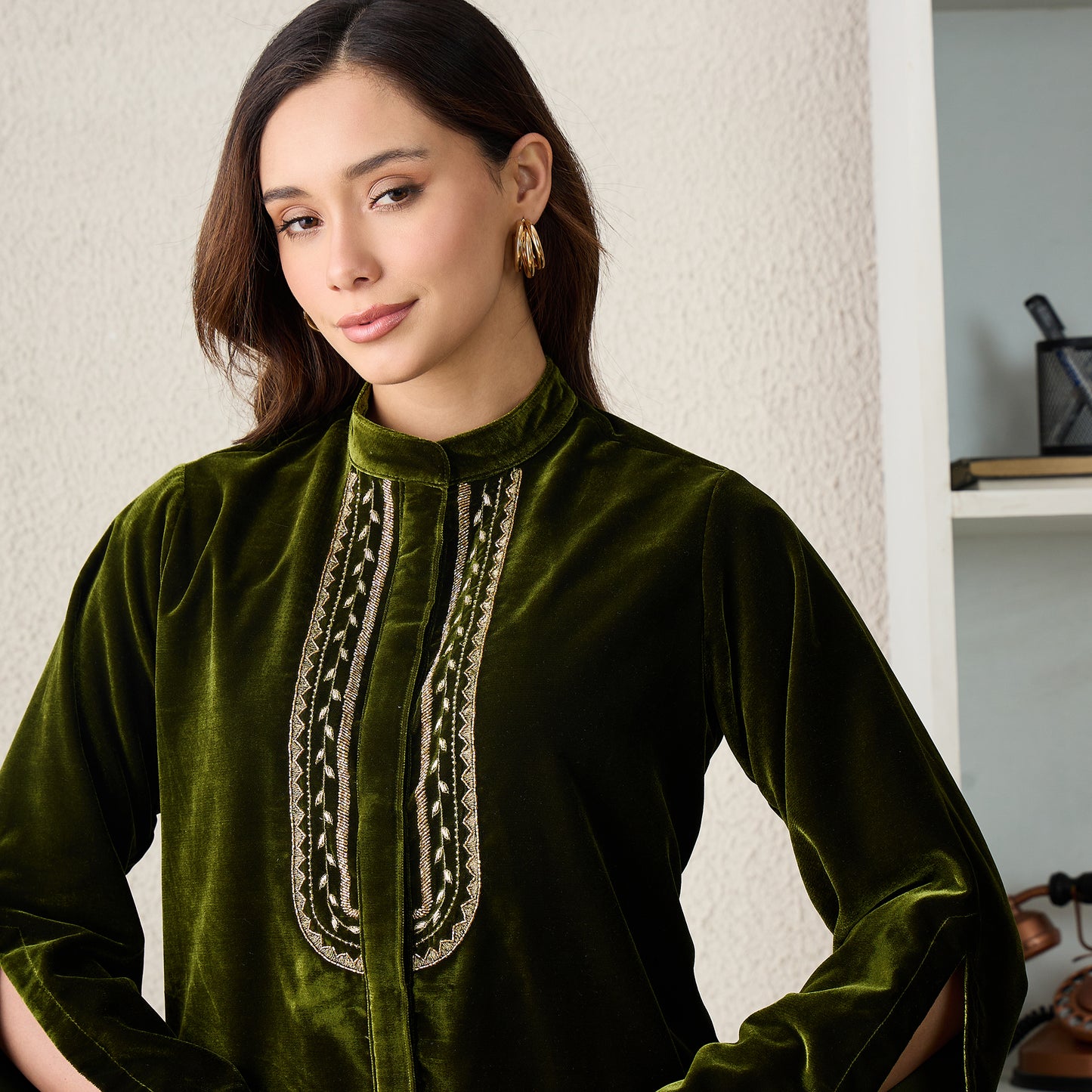 Green Golden Yoke Embroidered Velvet Top