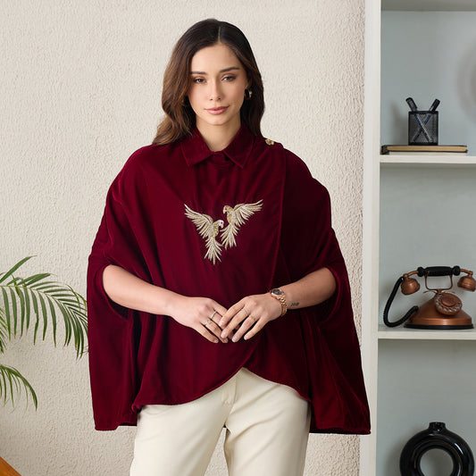 Maroon Golden Birds Embroidered Wrap Shirt