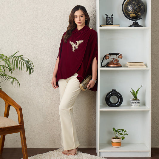 Maroon Golden Birds Embroidered Wrap Shirt