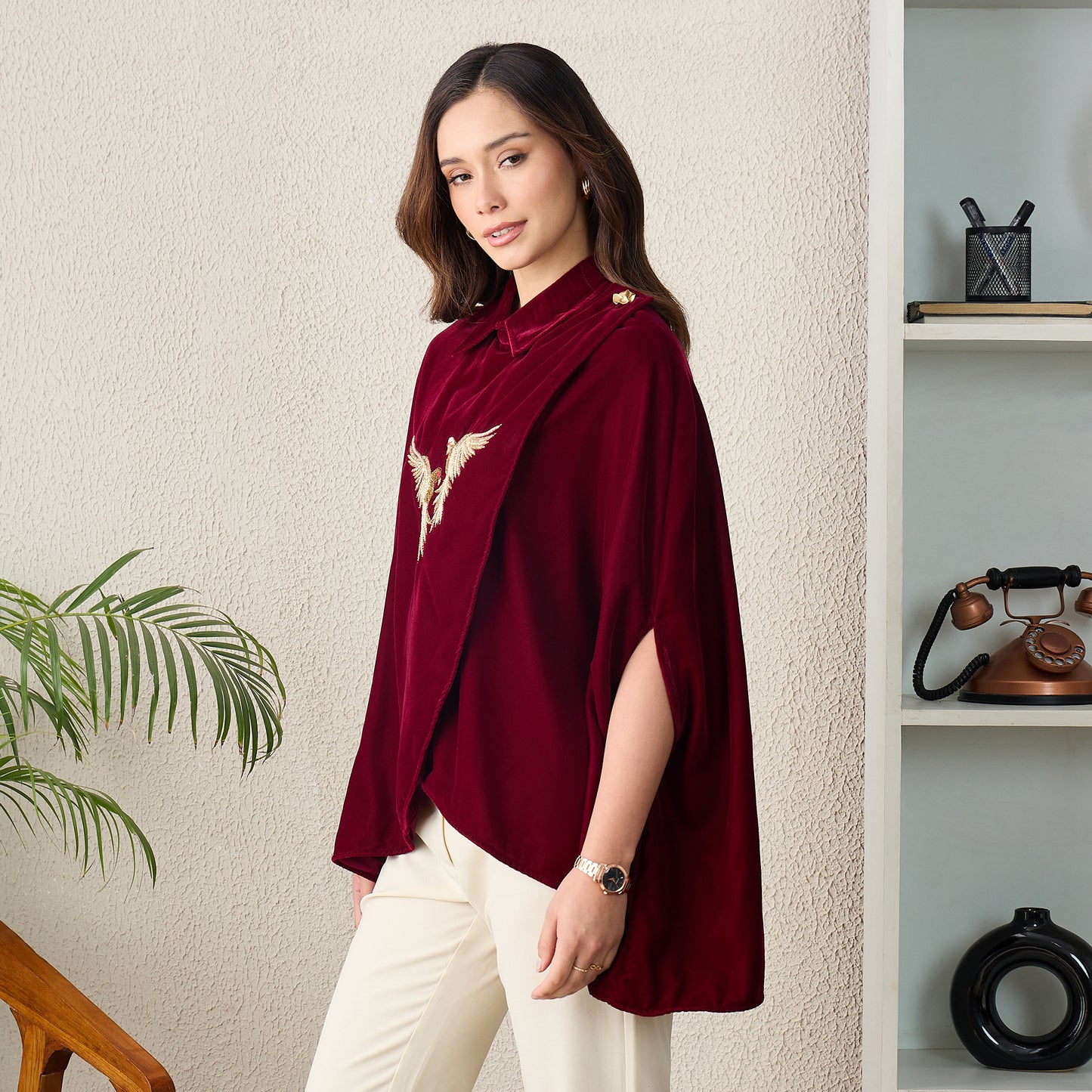 Maroon Golden Birds Embroidered Wrap Shirt