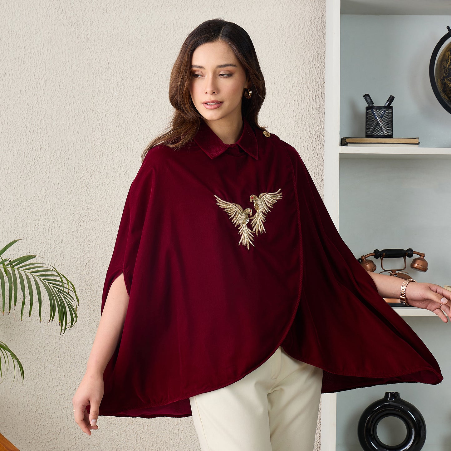 Maroon Golden Birds Embroidered Wrap Shirt