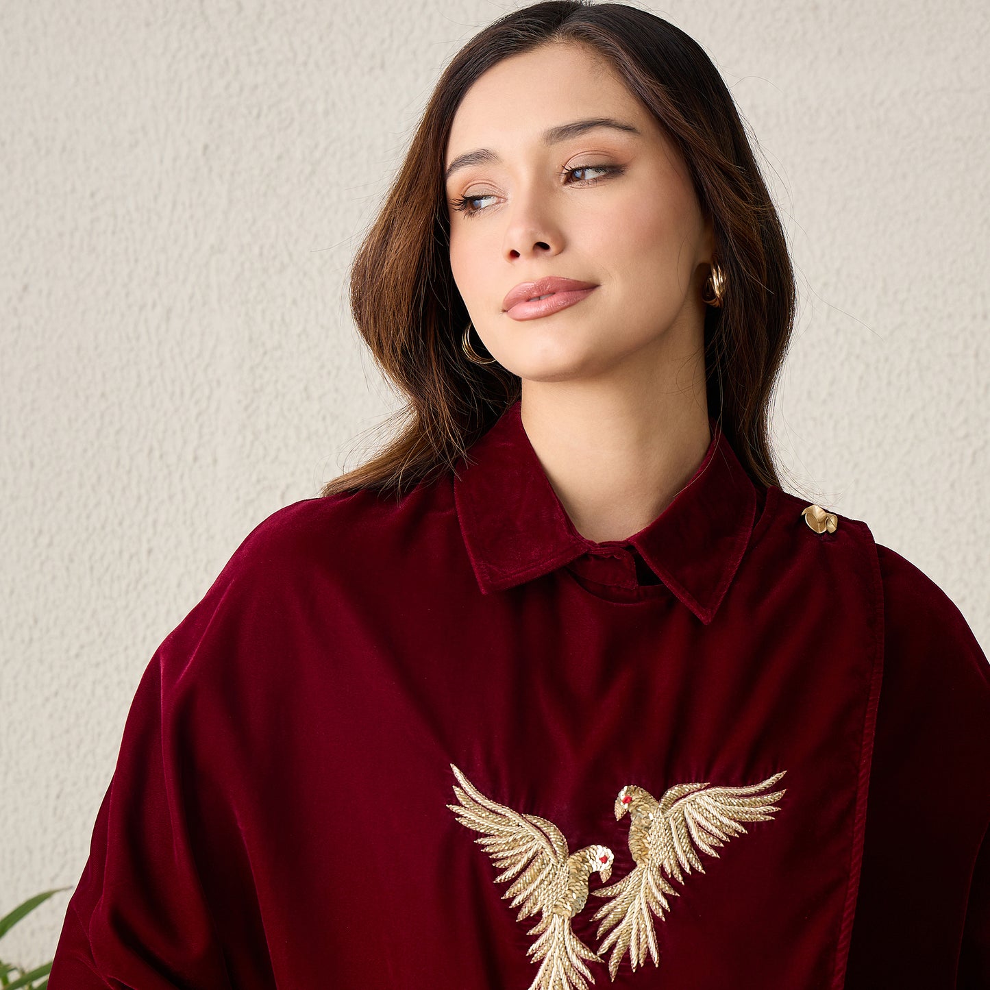 Maroon Golden Birds Embroidered Wrap Shirt