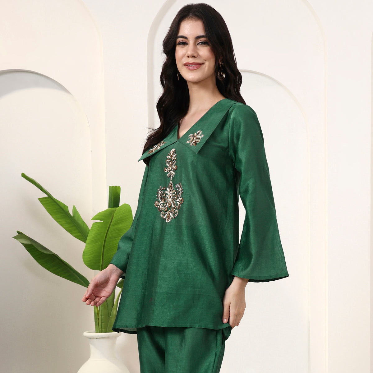 Green Top for Women – Cotton Silk – Model View | First Resort by Ramola Bachchan