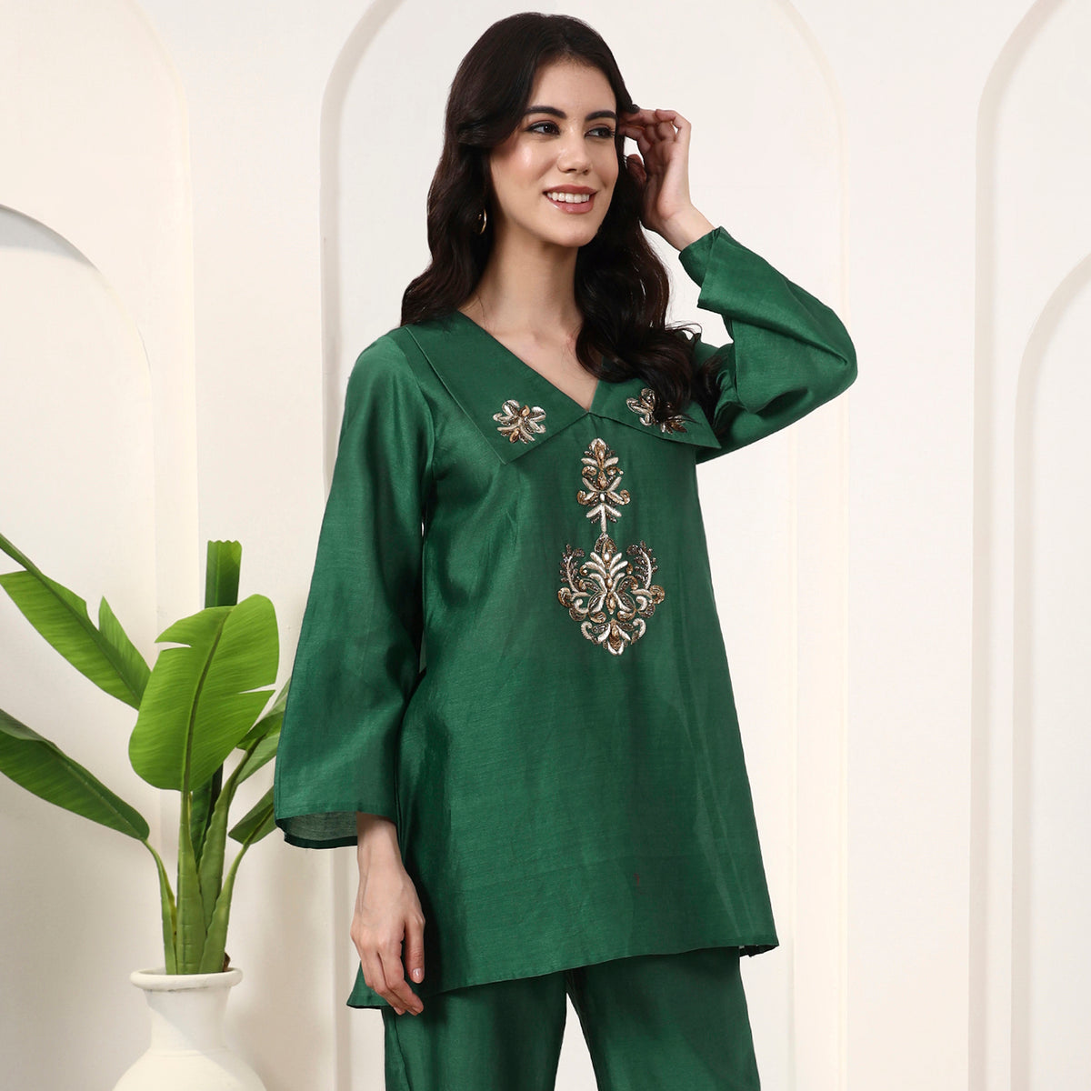 Green Top for Women – Cotton Silk – Side View | First Resort by Ramola Bachchan