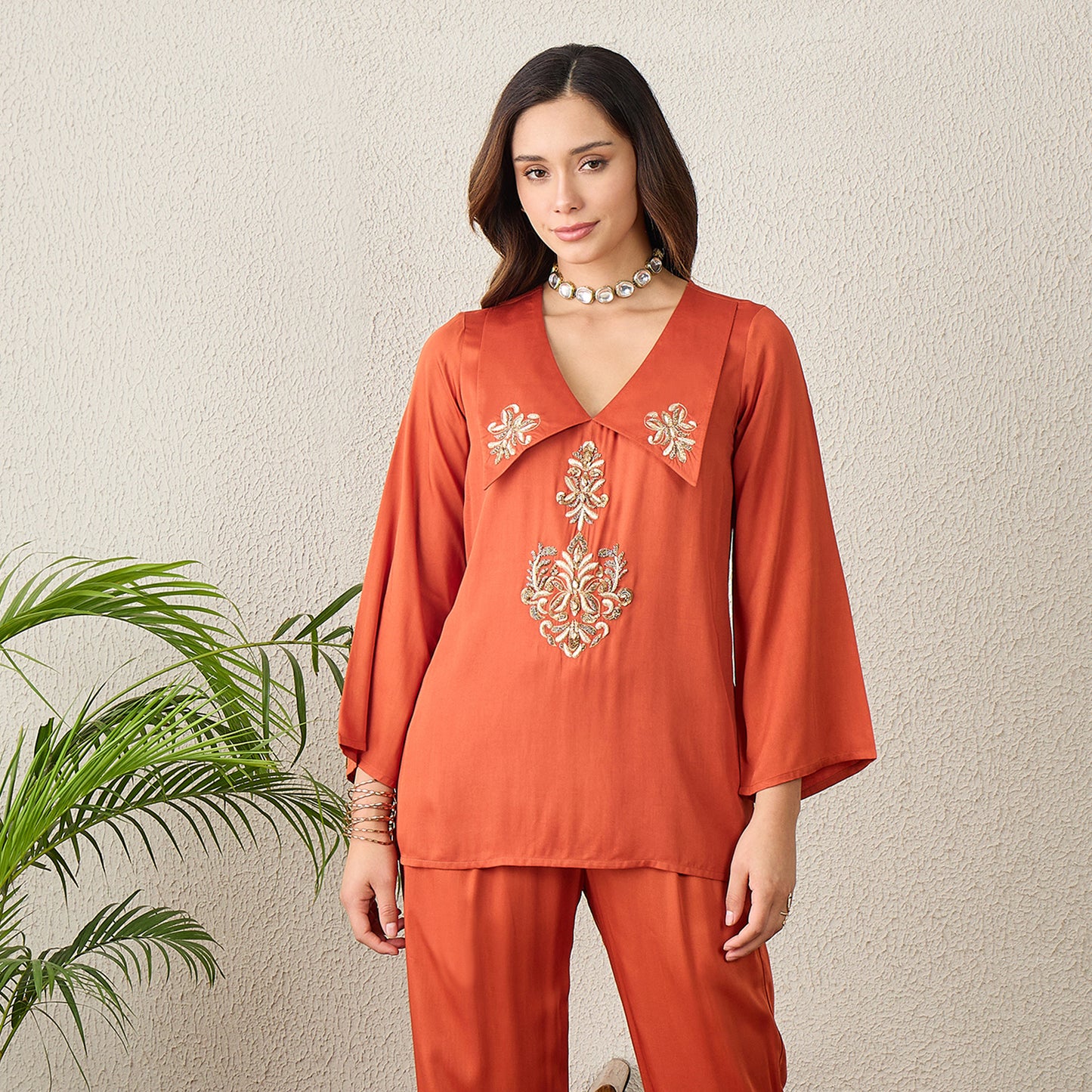Orange Embroidered Collar Top
