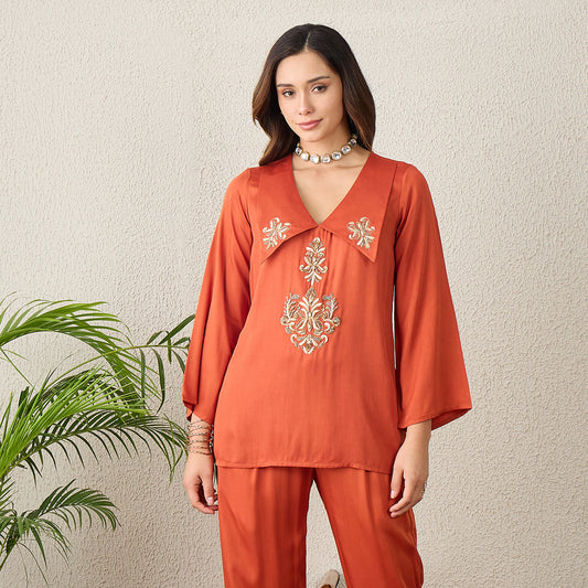 Orange Embroidered Collar Top
