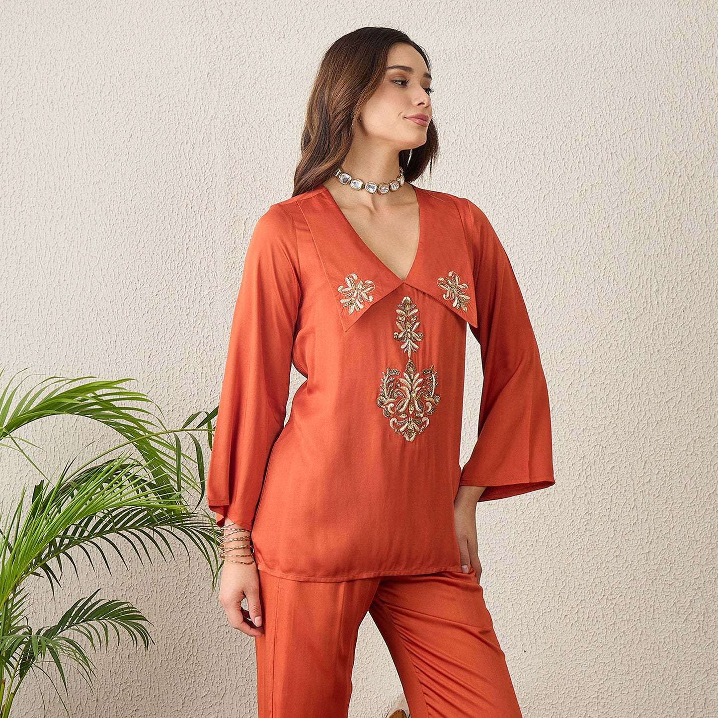 Orange Embroidered Collar Top