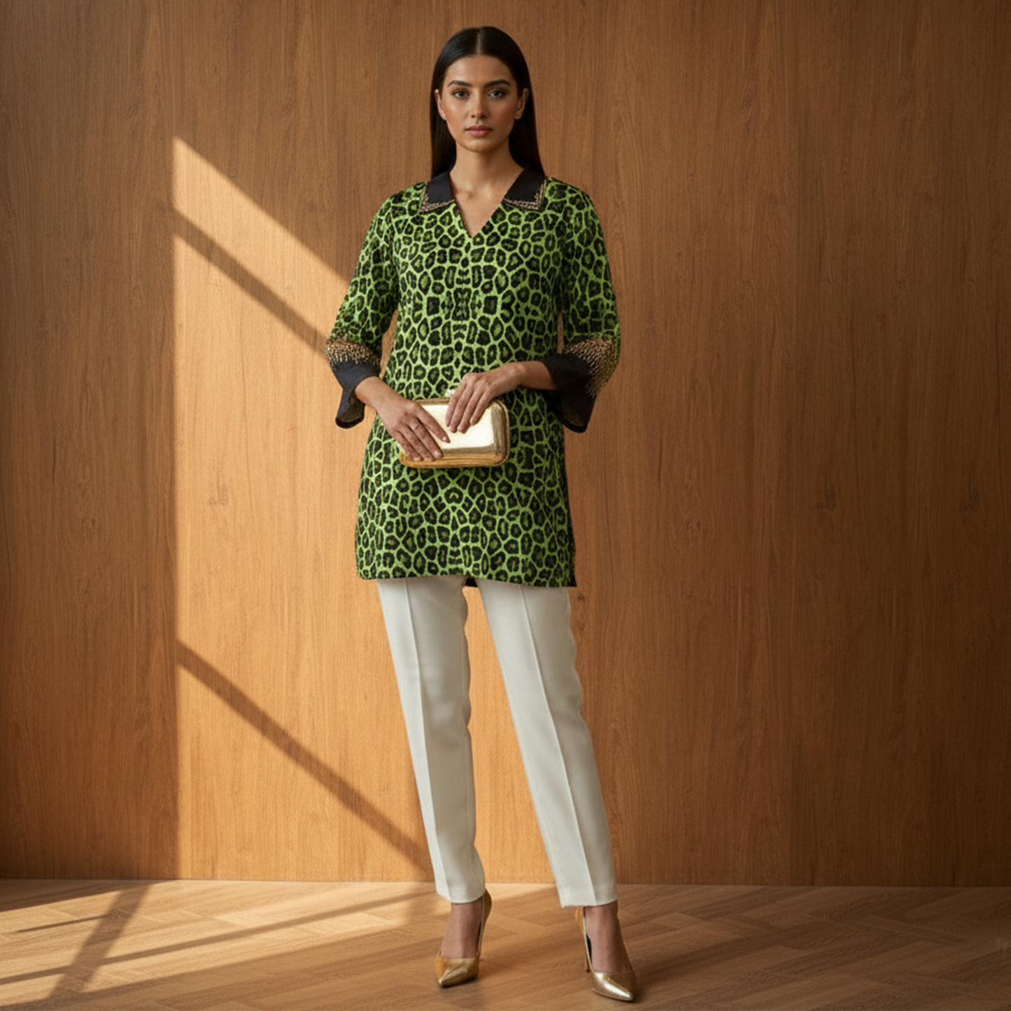 Green Animal Print Top for Women – Embroidered – Front View | First Resort by Ramola Bachchan