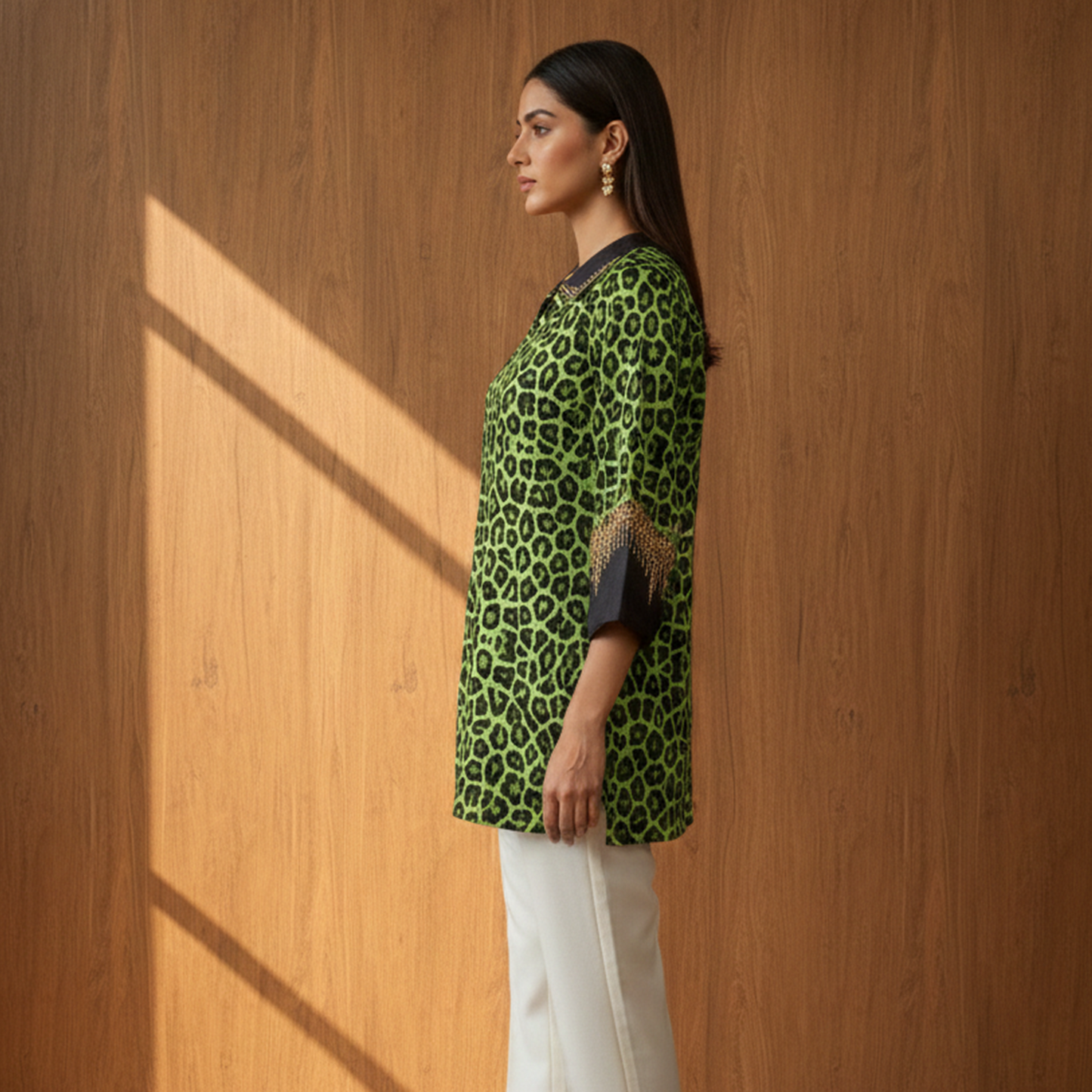 Green Animal Print Top for Women – Embroidered – Model View | First Resort by Ramola Bachchan