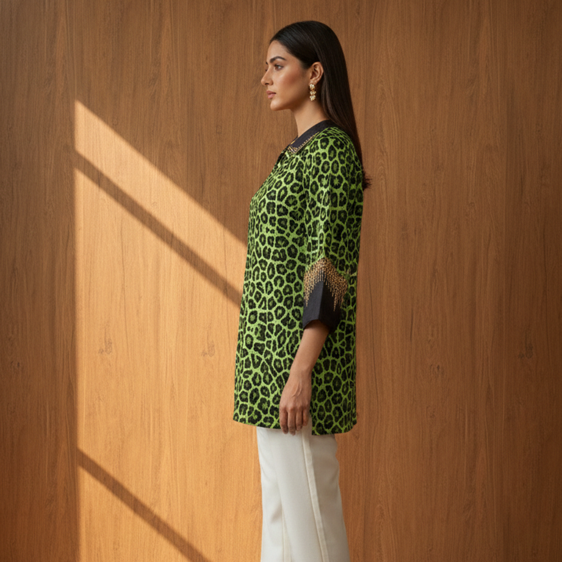 Green Animal Print Top for Women – Embroidered – Model View | First Resort by Ramola Bachchan