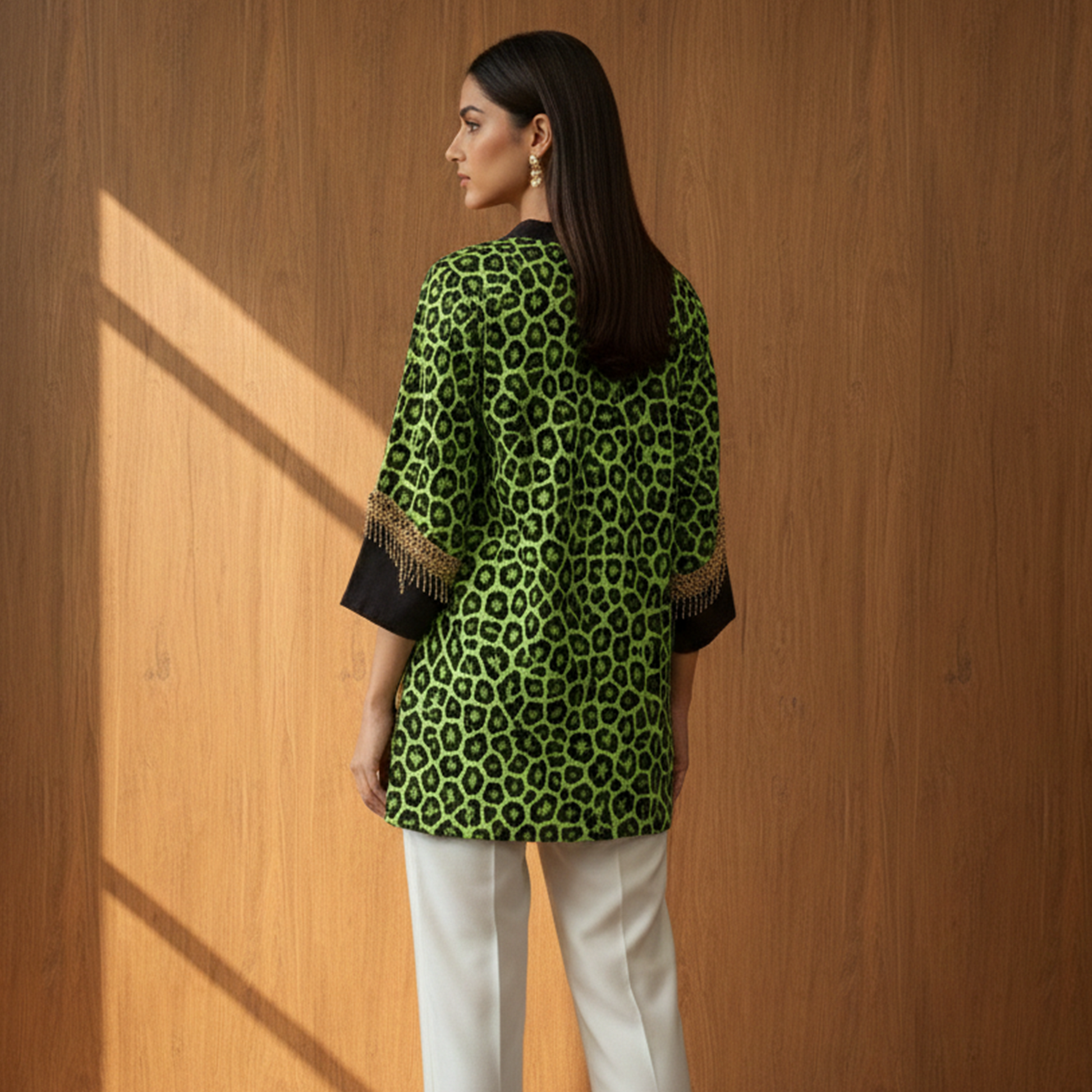 Green Animal Print Top for Women – Embroidered – Side View | First Resort by Ramola Bachchan
