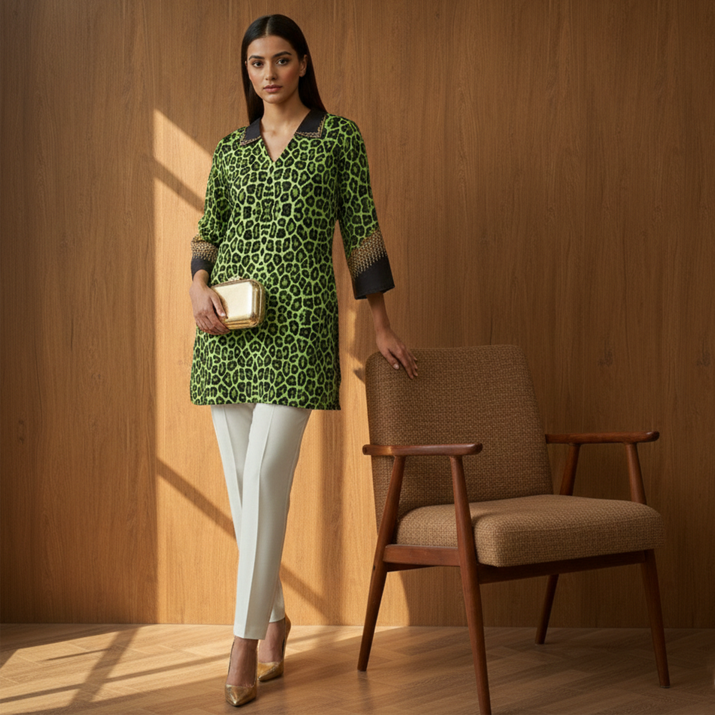 Green Animal Print Top for Women – Embroidered – Detail View | First Resort by Ramola Bachchan