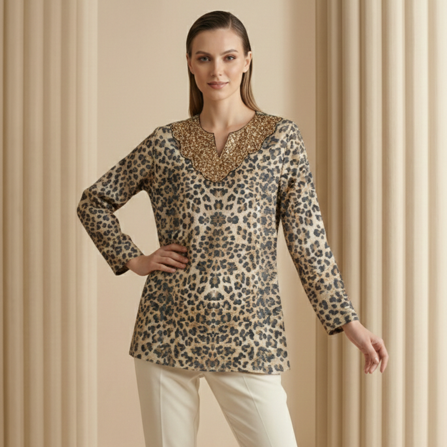 Brown Sequin Yoke Animal Print Top