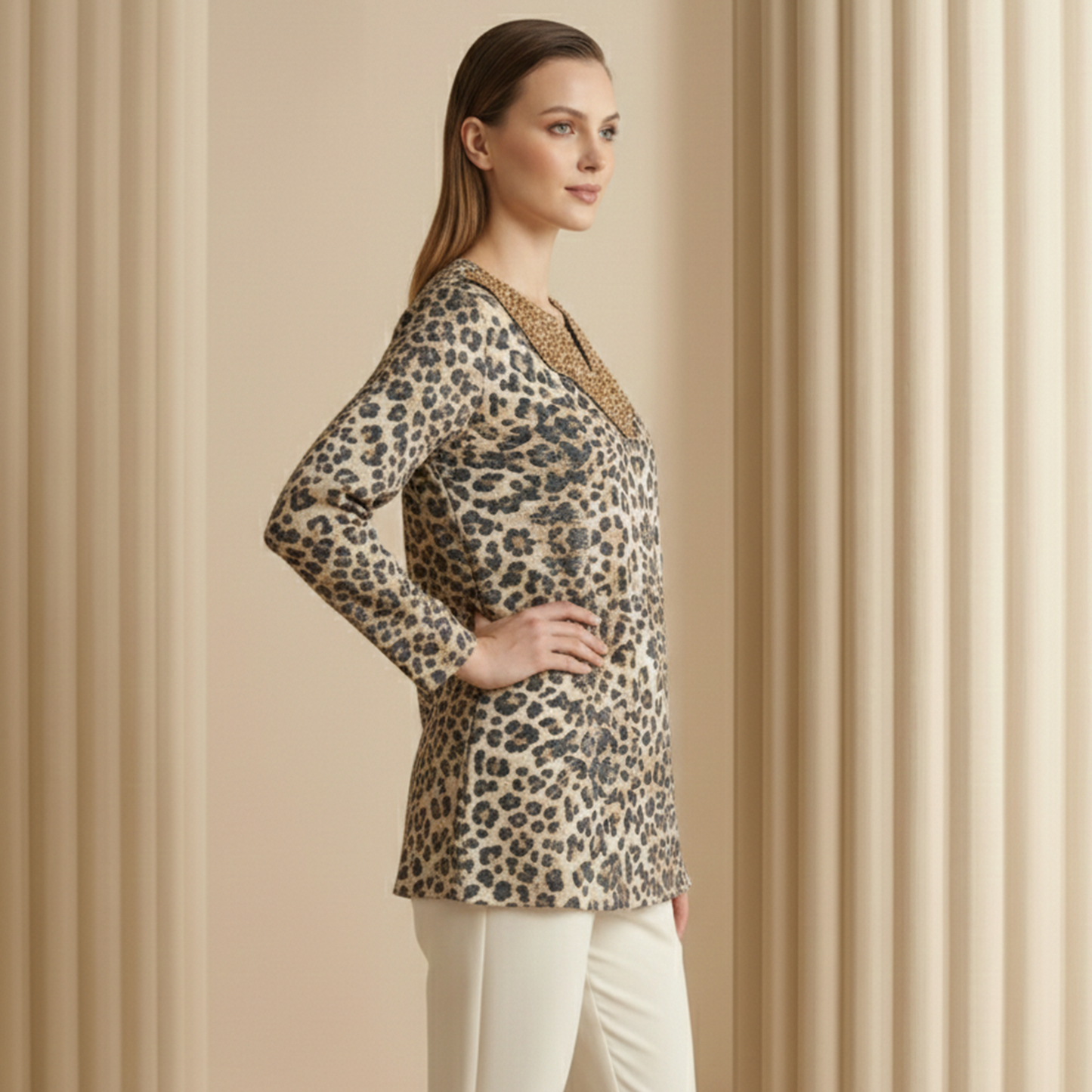 Brown Sequin Yoke Animal Print Top