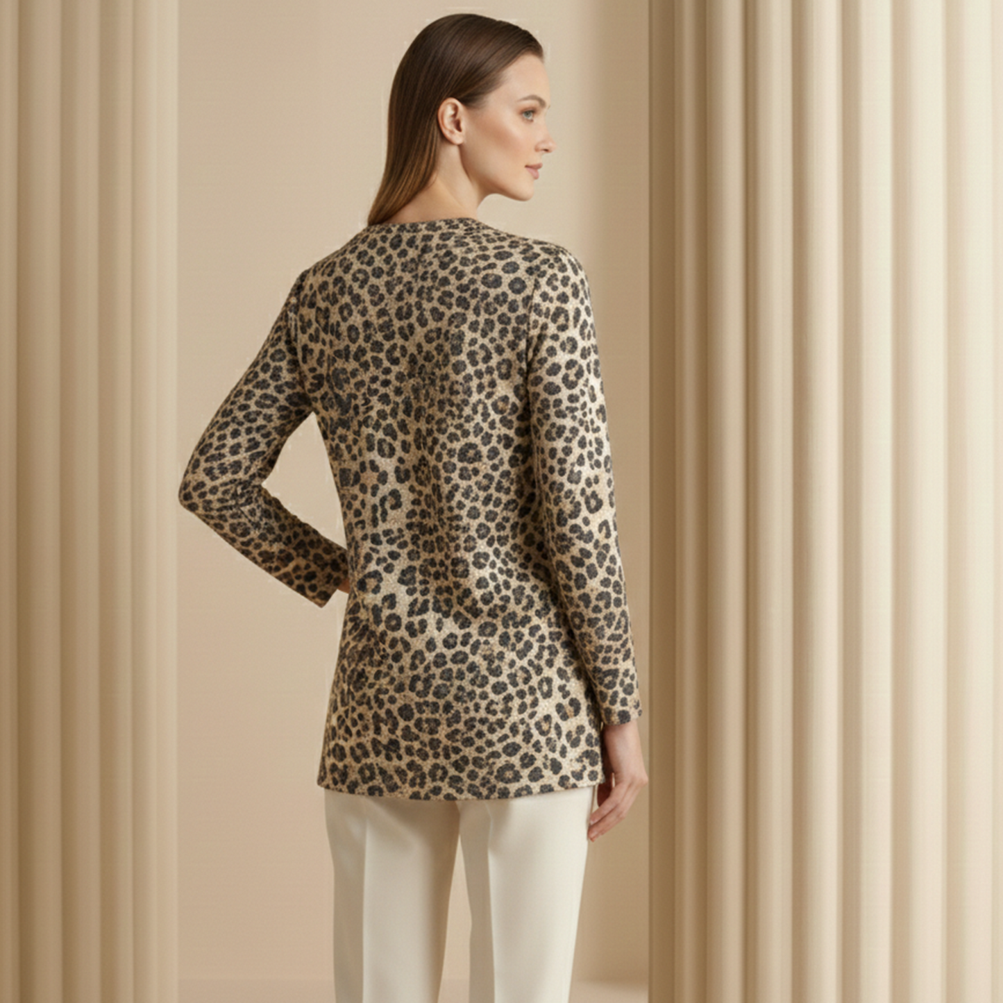 Brown Sequin Yoke Animal Print Top