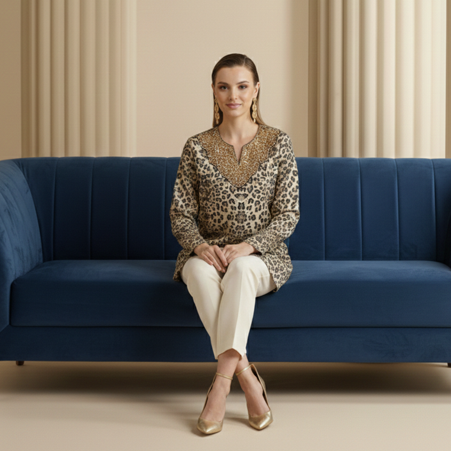 Brown Sequin Yoke Animal Print Top