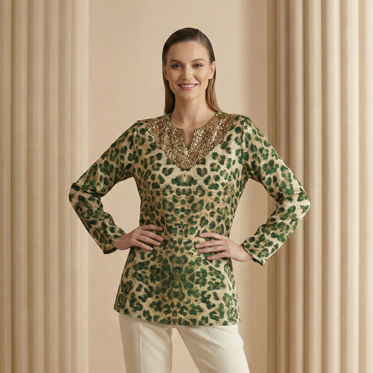 Green Animal Print Top for Women – Embroidered | First Resort by Ramola Bachchan