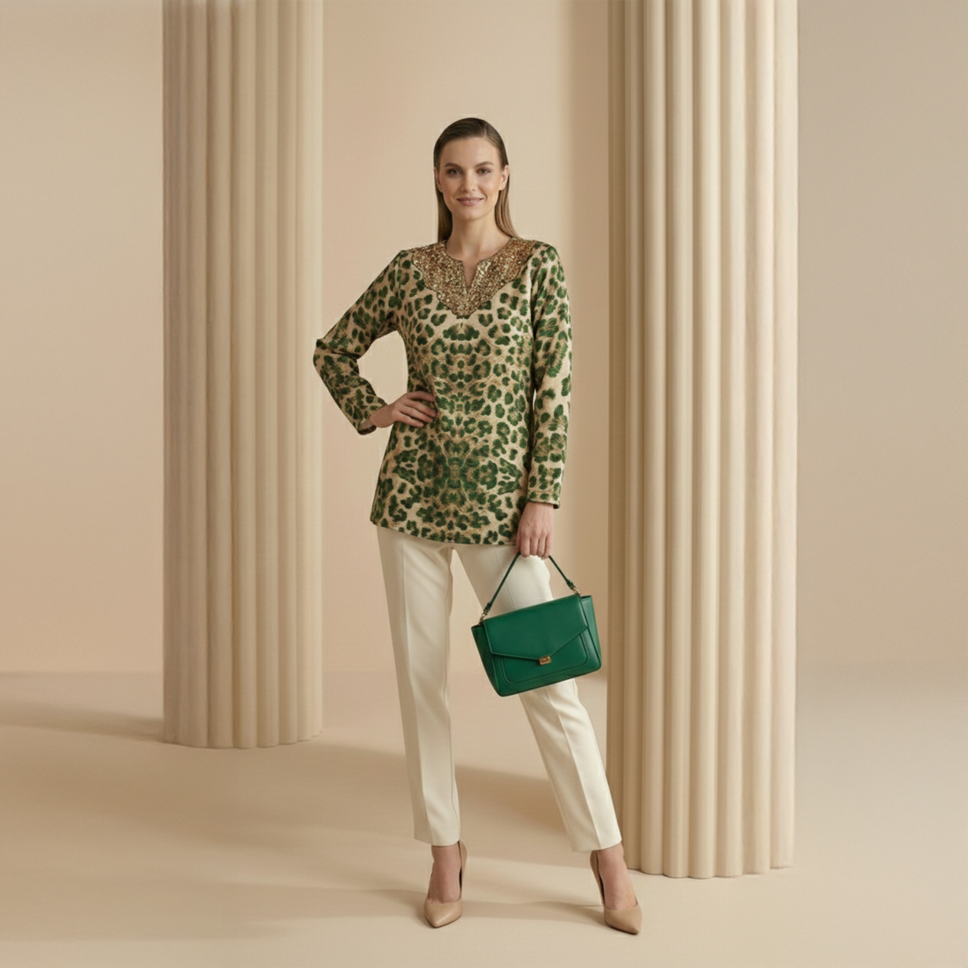 Green Animal Print Top for Women – Embroidered – Front View | First Resort by Ramola Bachchan
