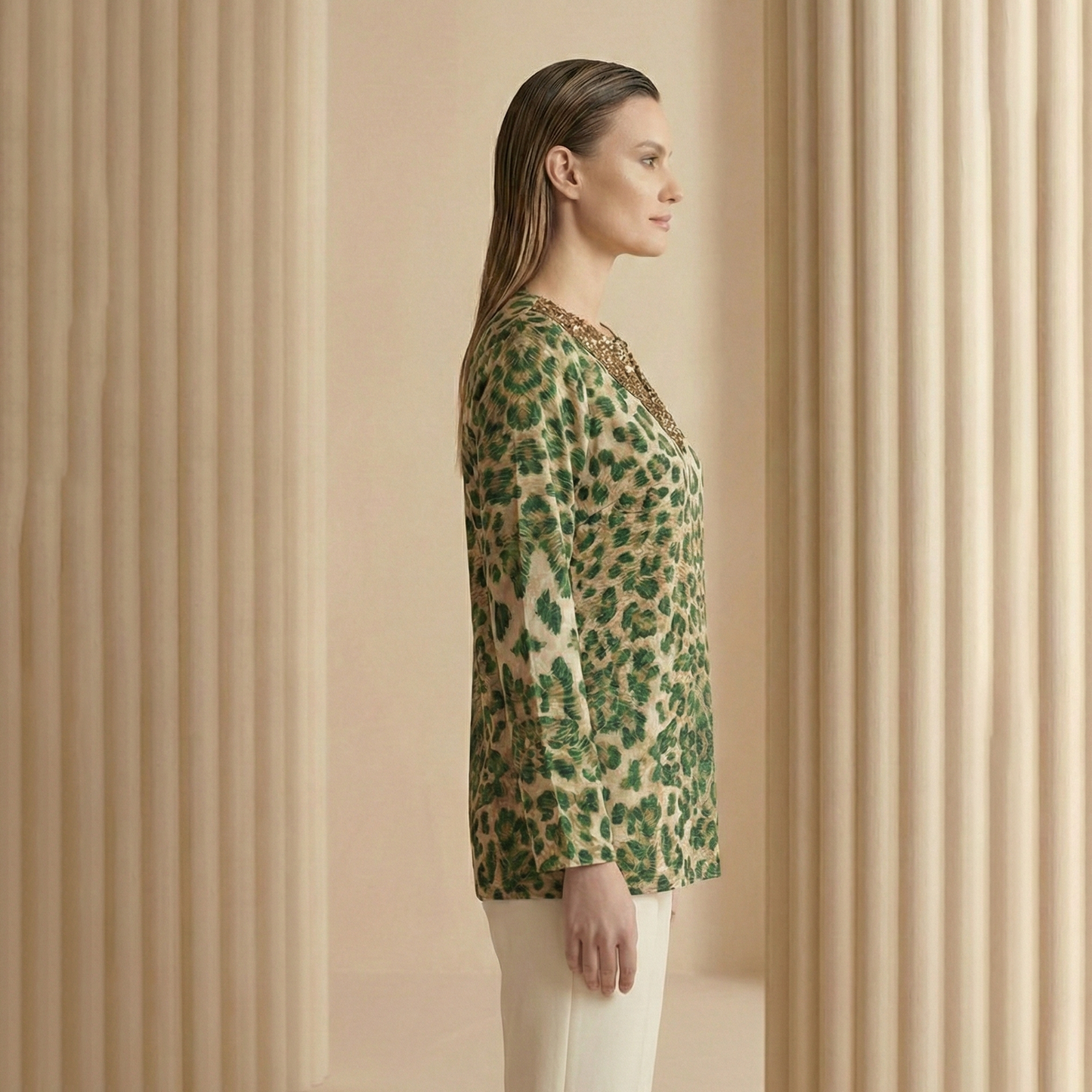 Green Animal Print Top for Women – Embroidered – Model View | First Resort by Ramola Bachchan