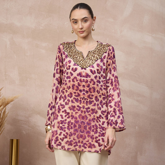 Pink Animal Print Top for Women – Viscose Crepe | First Resort by Ramola Bachchan