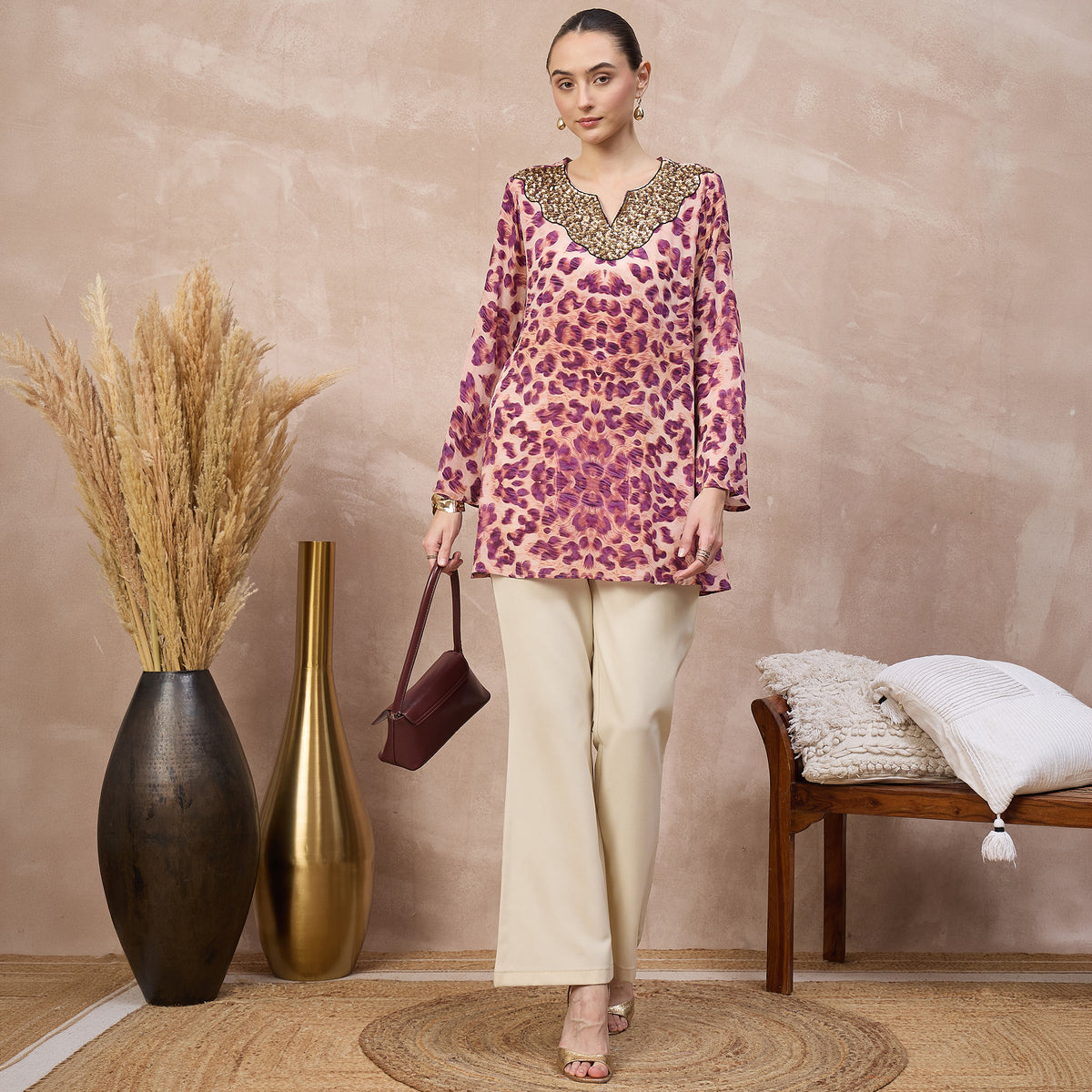 Pink Animal Print Top for Women – Viscose Crepe – Front View | First Resort by Ramola Bachchan