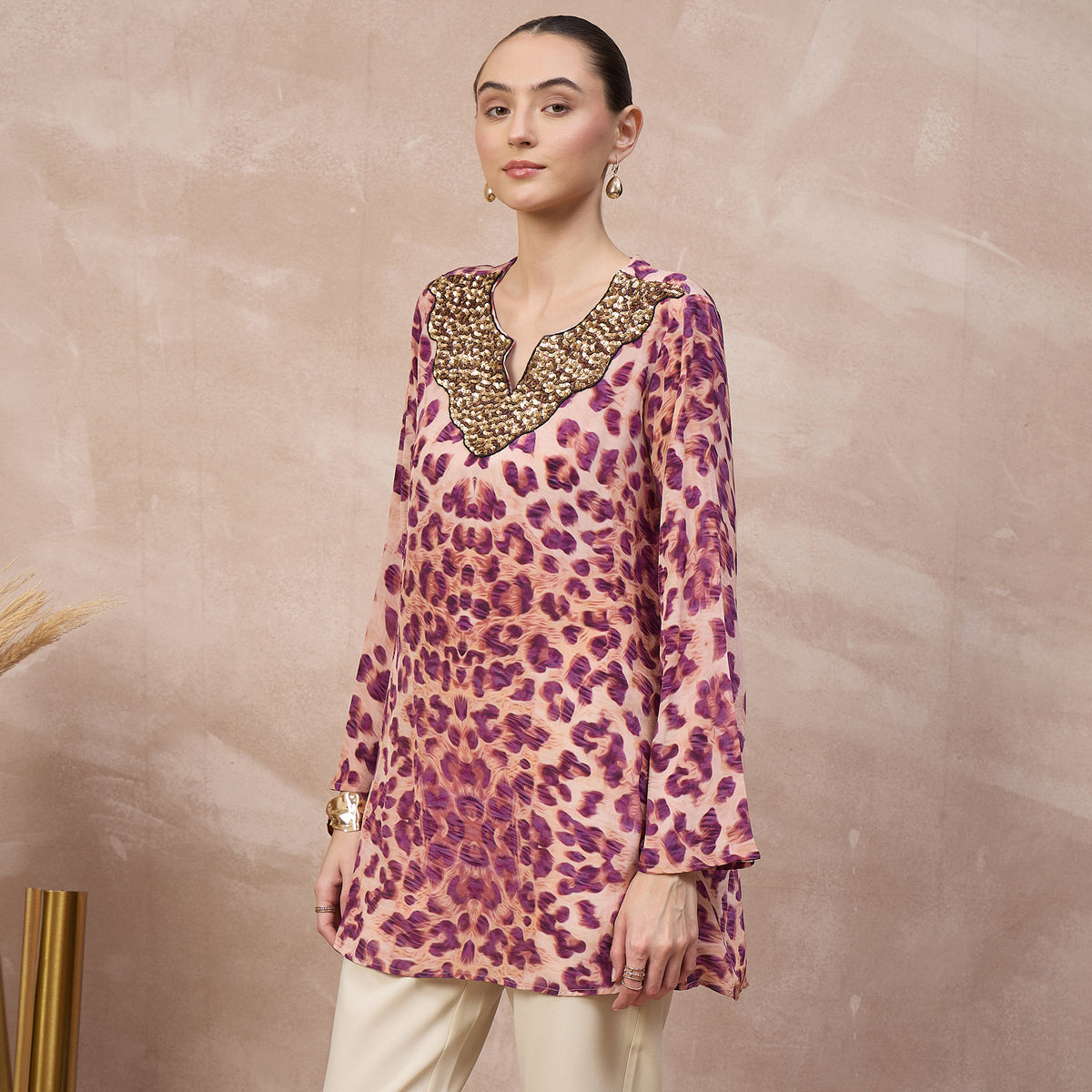 Pink Animal Print Top for Women – Viscose Crepe – Model View | First Resort by Ramola Bachchan