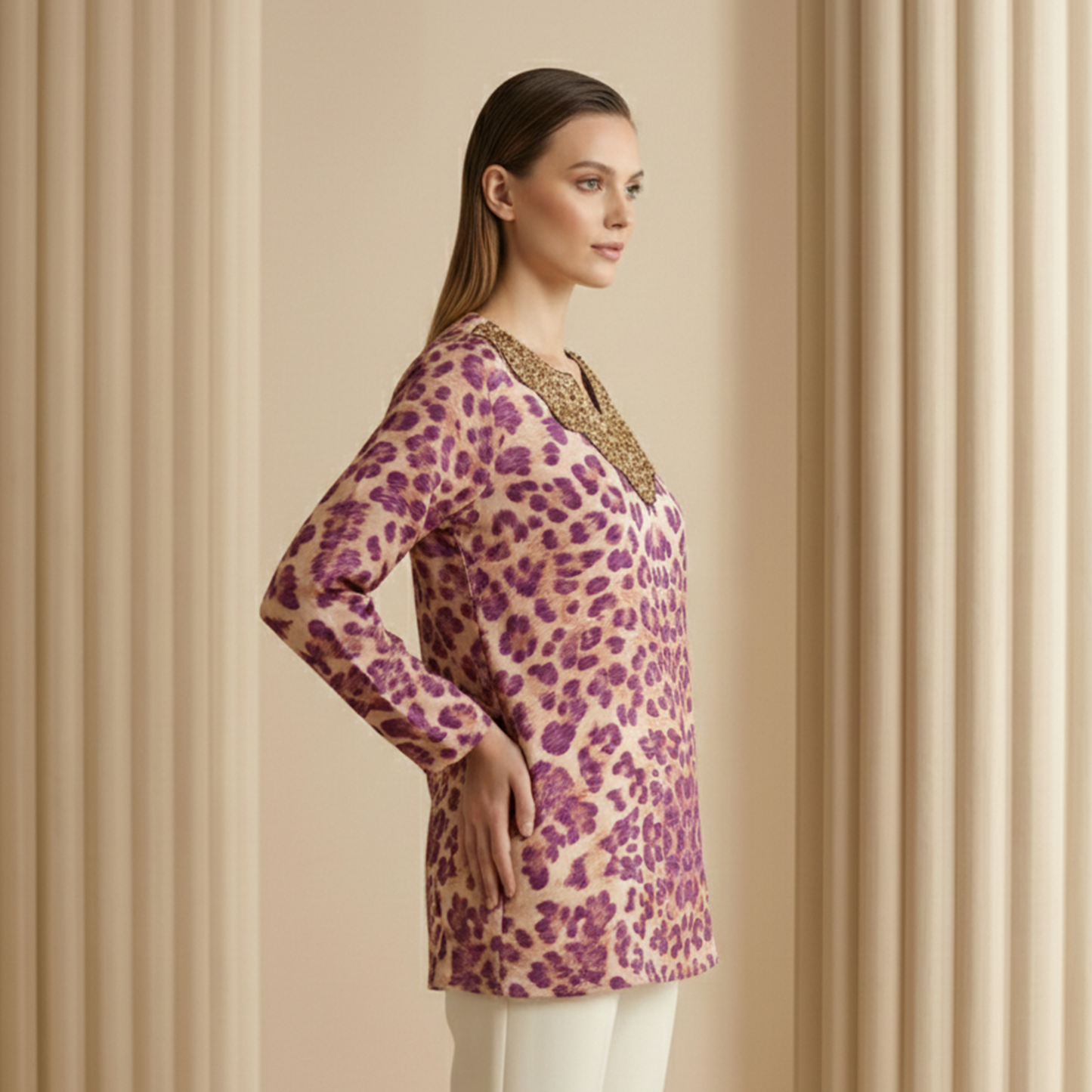 Pink Sequin Yoke Animal Print Top