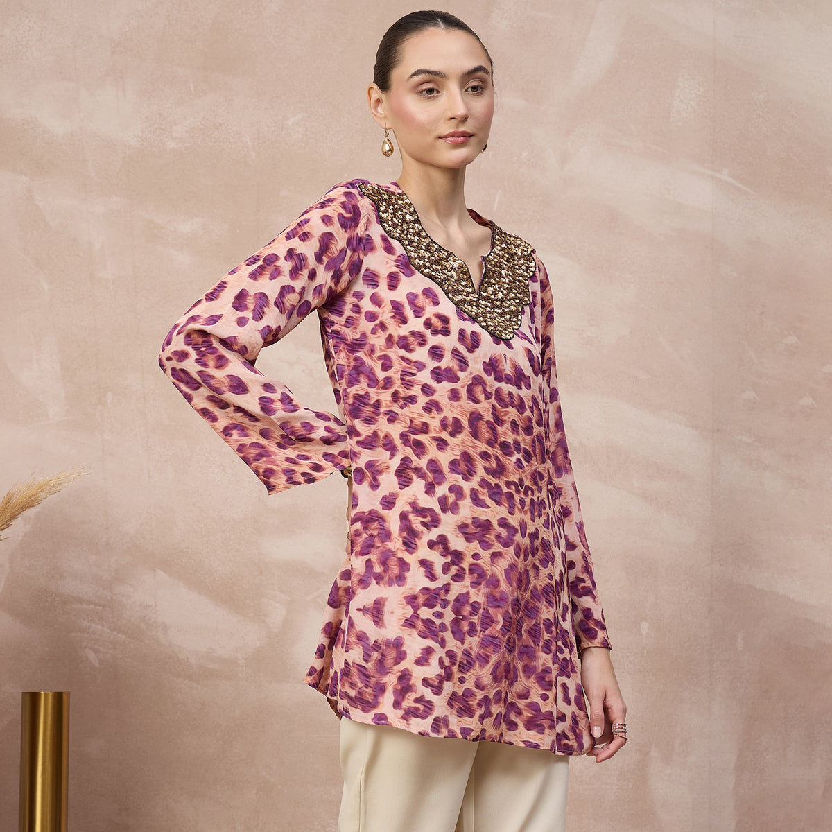Pink Animal Print Top for Women – Viscose Crepe – Side View | First Resort by Ramola Bachchan