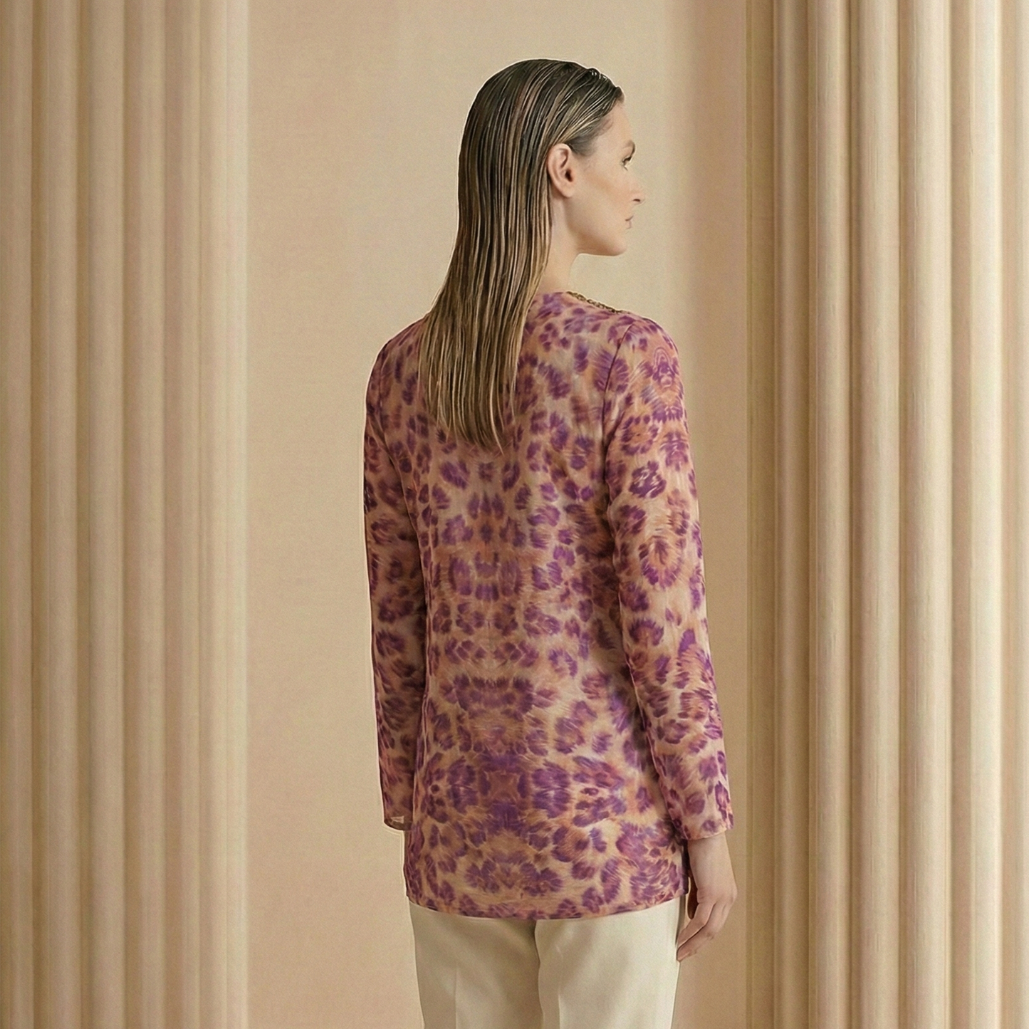 Pink Sequin Yoke Animal Print Top