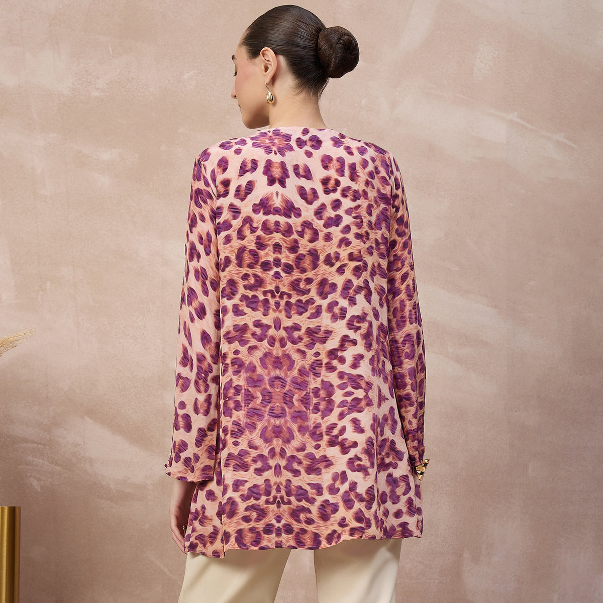 Pink Animal Print Top for Women – Viscose Crepe – Detail View | First Resort by Ramola Bachchan