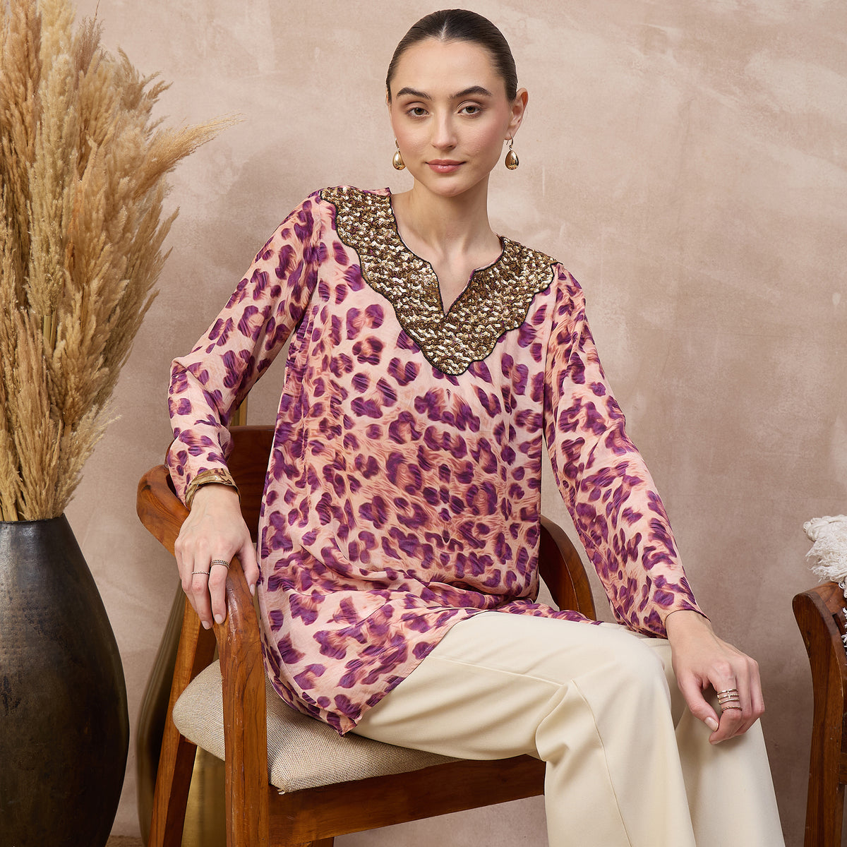 Pink Animal Print Top for Women – Viscose Crepe – Back View | First Resort by Ramola Bachchan