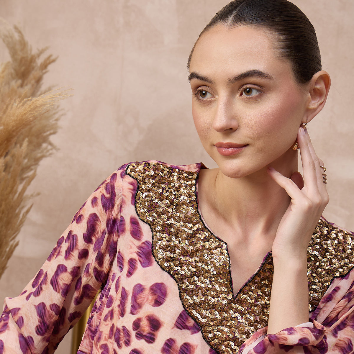 Pink Animal Print Top for Women – Viscose Crepe – Close Up | First Resort by Ramola Bachchan