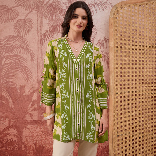 Light Green Floral Mirror Embroidered Tassel Top