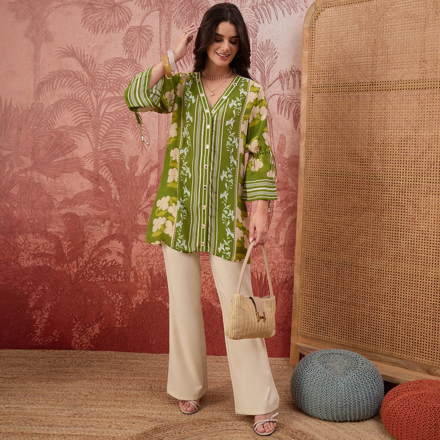 Light Green Floral Mirror Embroidered Tassel Top