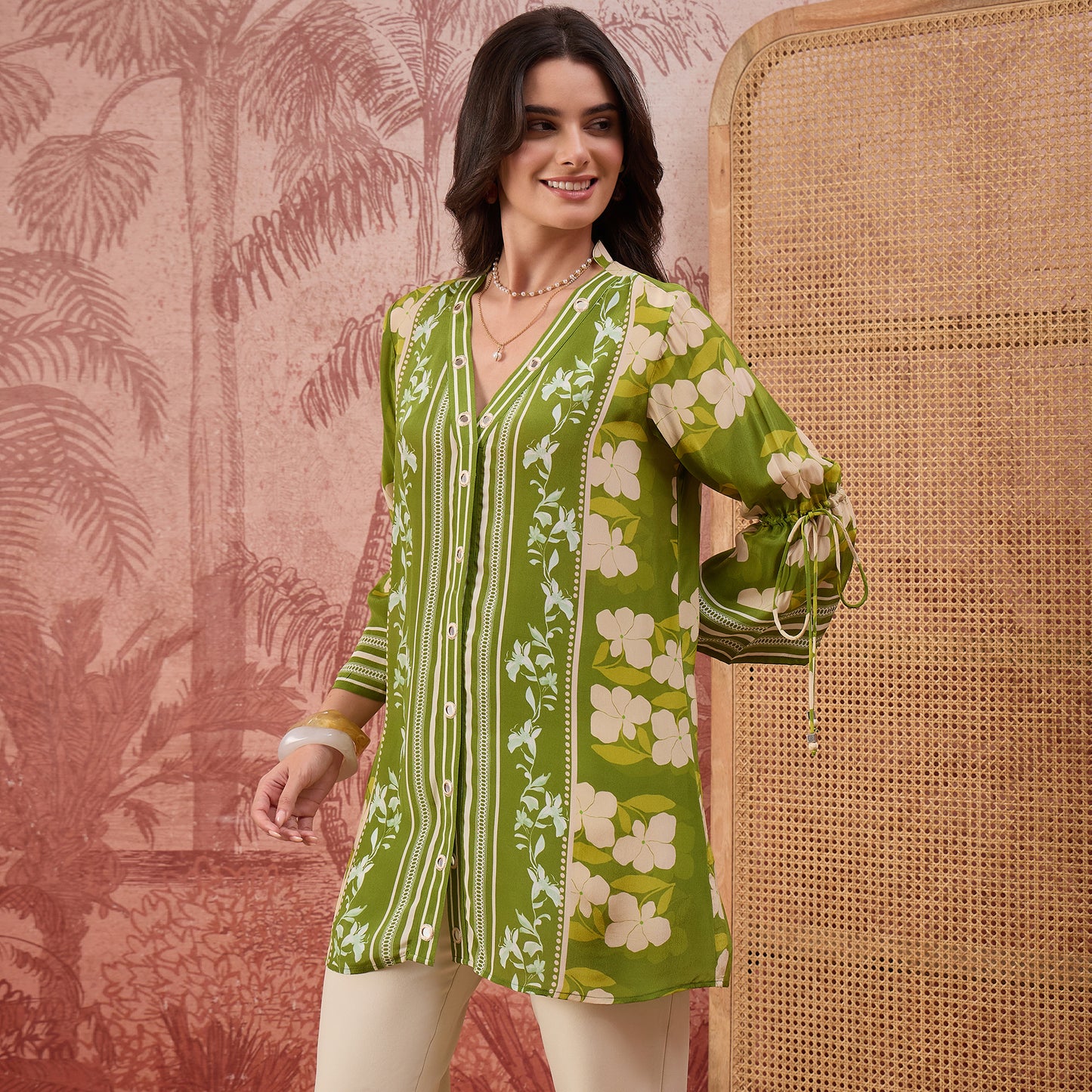 Light Green Floral Mirror Embroidered Tassel Top