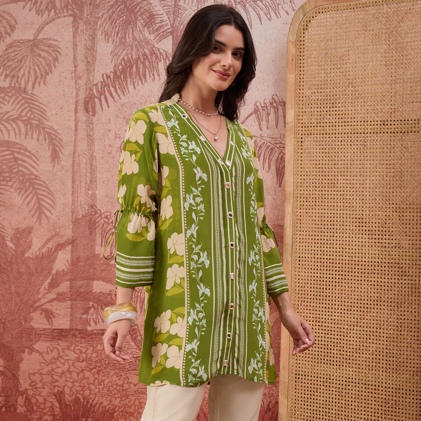 Light Green Floral Mirror Embroidered Tassel Top