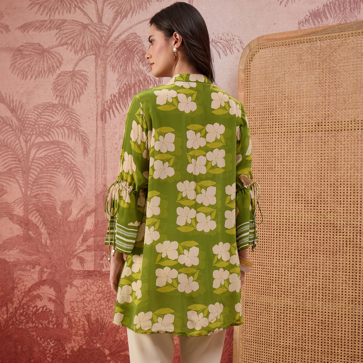 Light Green Floral Mirror Embroidered Tassel Top