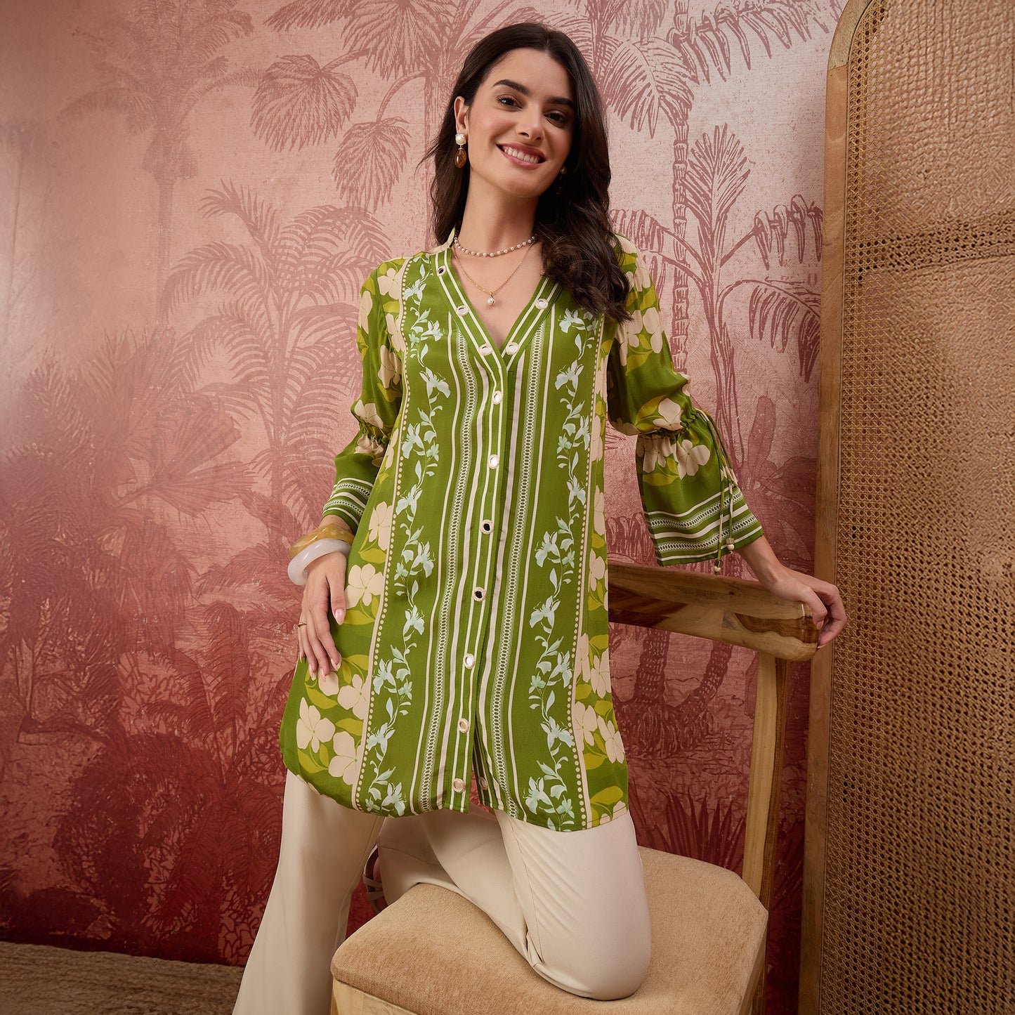 Light Green Floral Mirror Embroidered Tassel Top