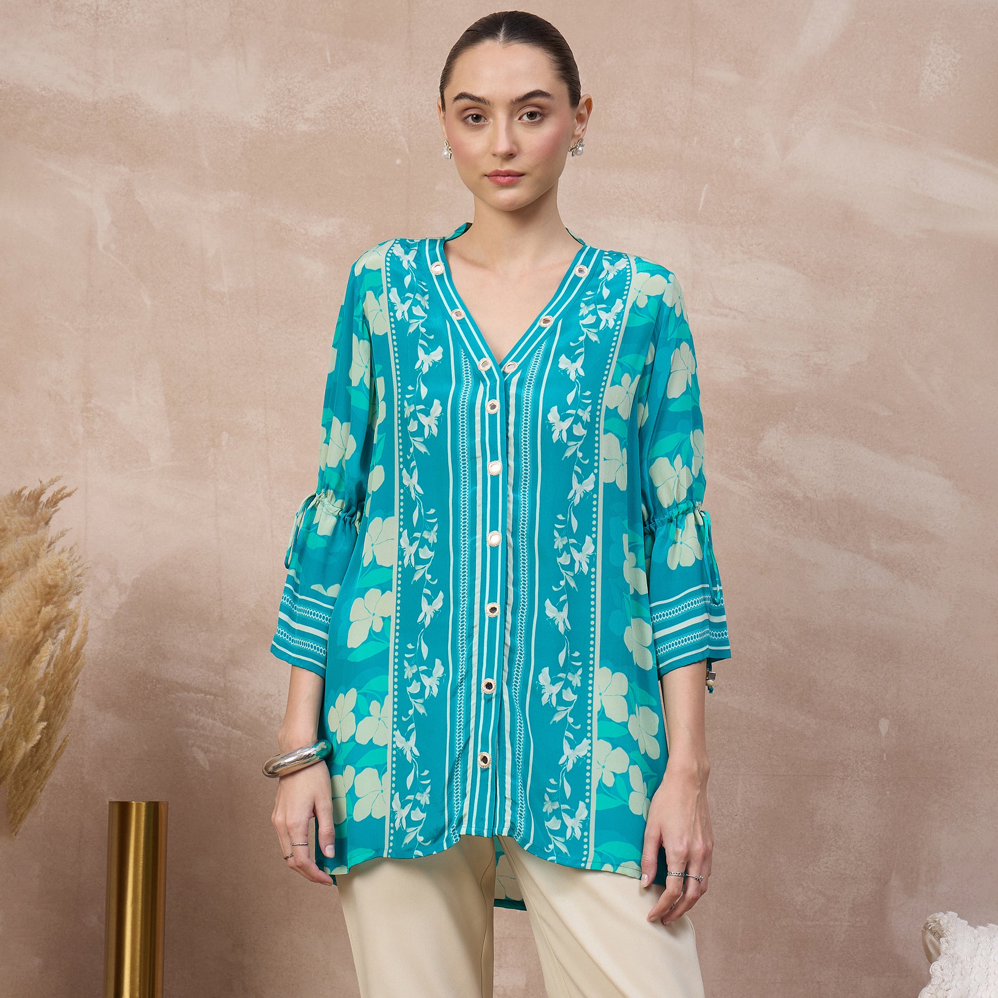 Sky Blue Floral Print Top for Women – Viscose Crepe | First Resort by Ramola Bachchan