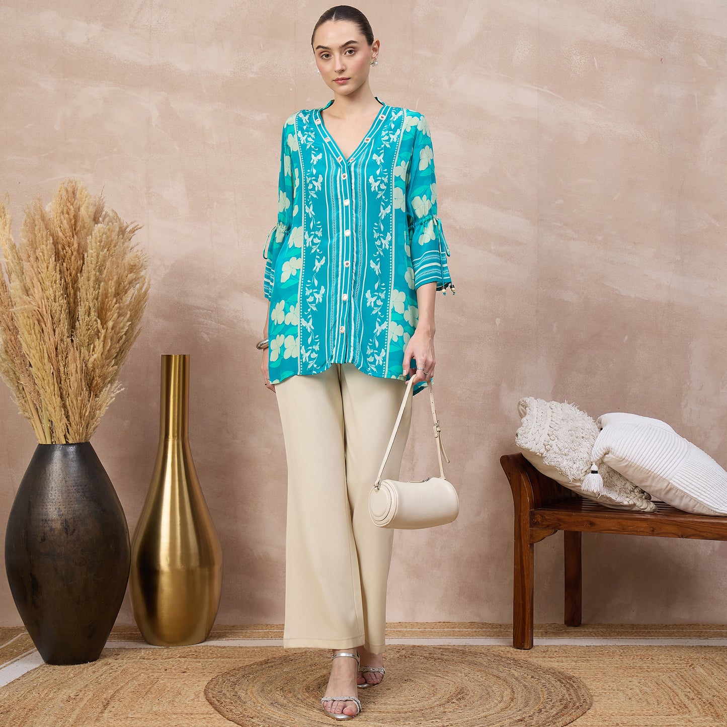 Sky Blue Floral Print Top for Women – Viscose Crepe – Front View | First Resort by Ramola Bachchan