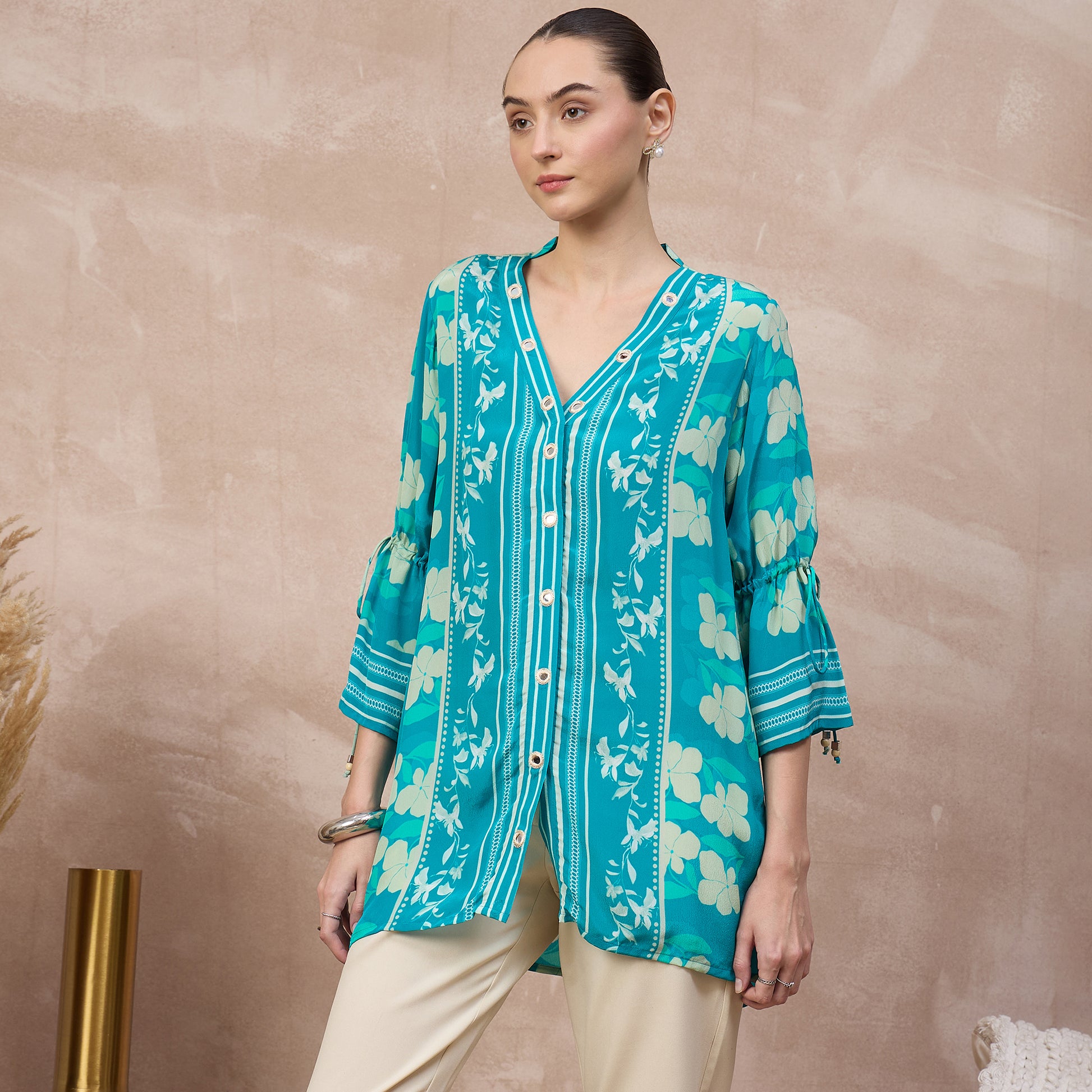 Sky Blue Floral Print Top for Women – Viscose Crepe – Model View | First Resort by Ramola Bachchan
