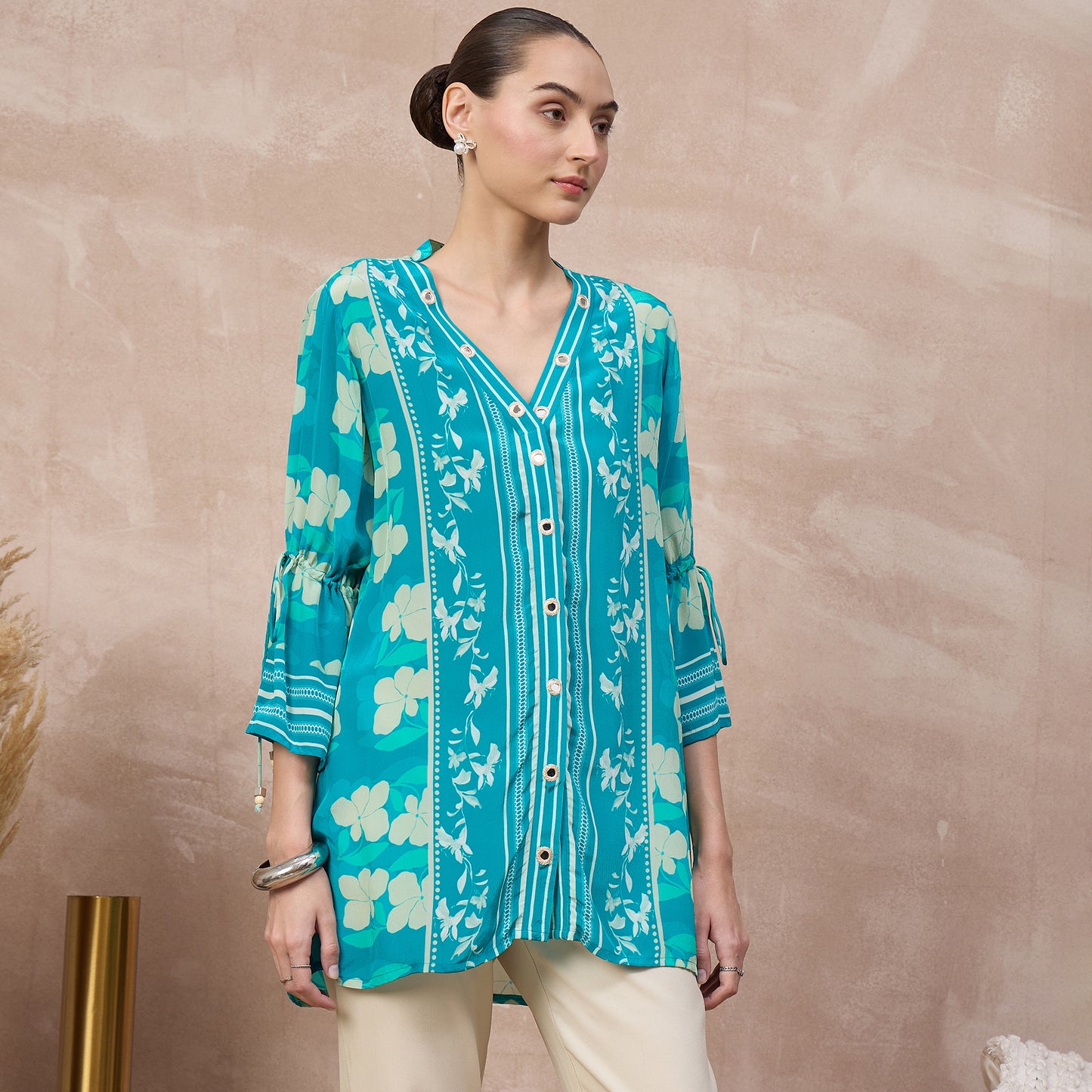 Sky Blue Floral Print Top for Women – Viscose Crepe – Side View | First Resort by Ramola Bachchan