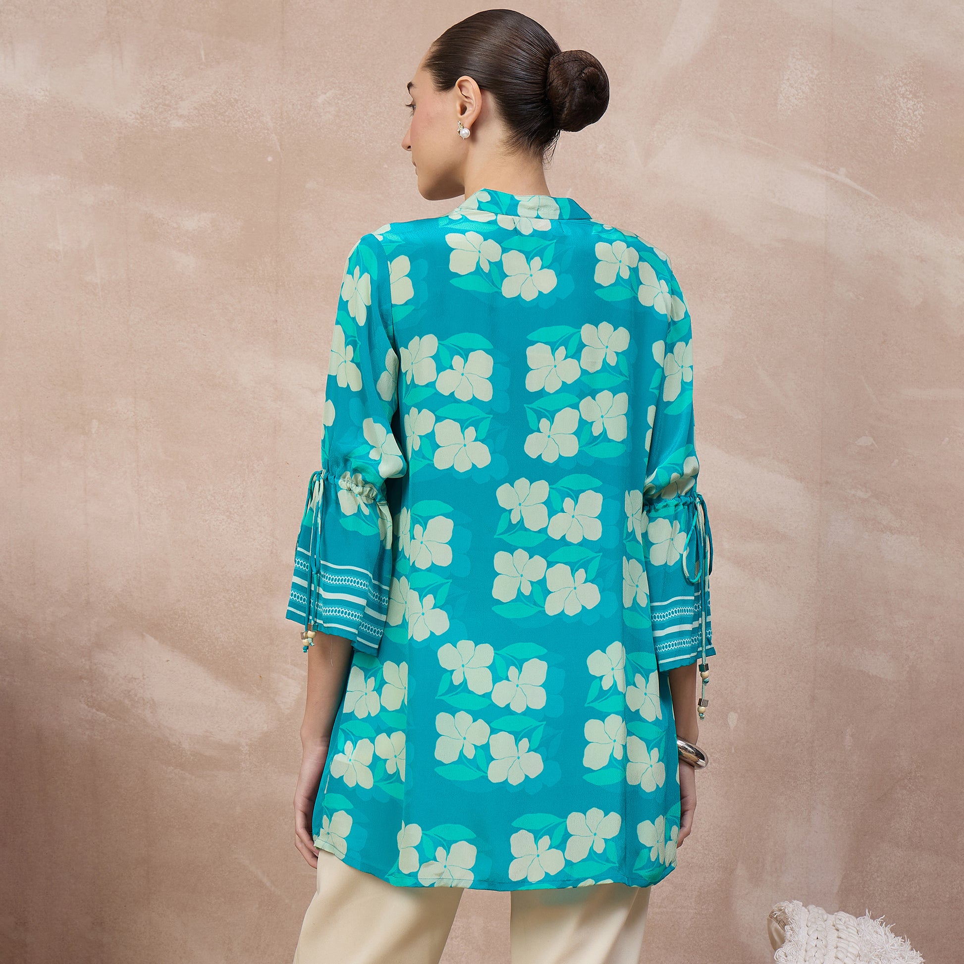 Sky Blue Floral Print Top for Women – Viscose Crepe – Detail View | First Resort by Ramola Bachchan