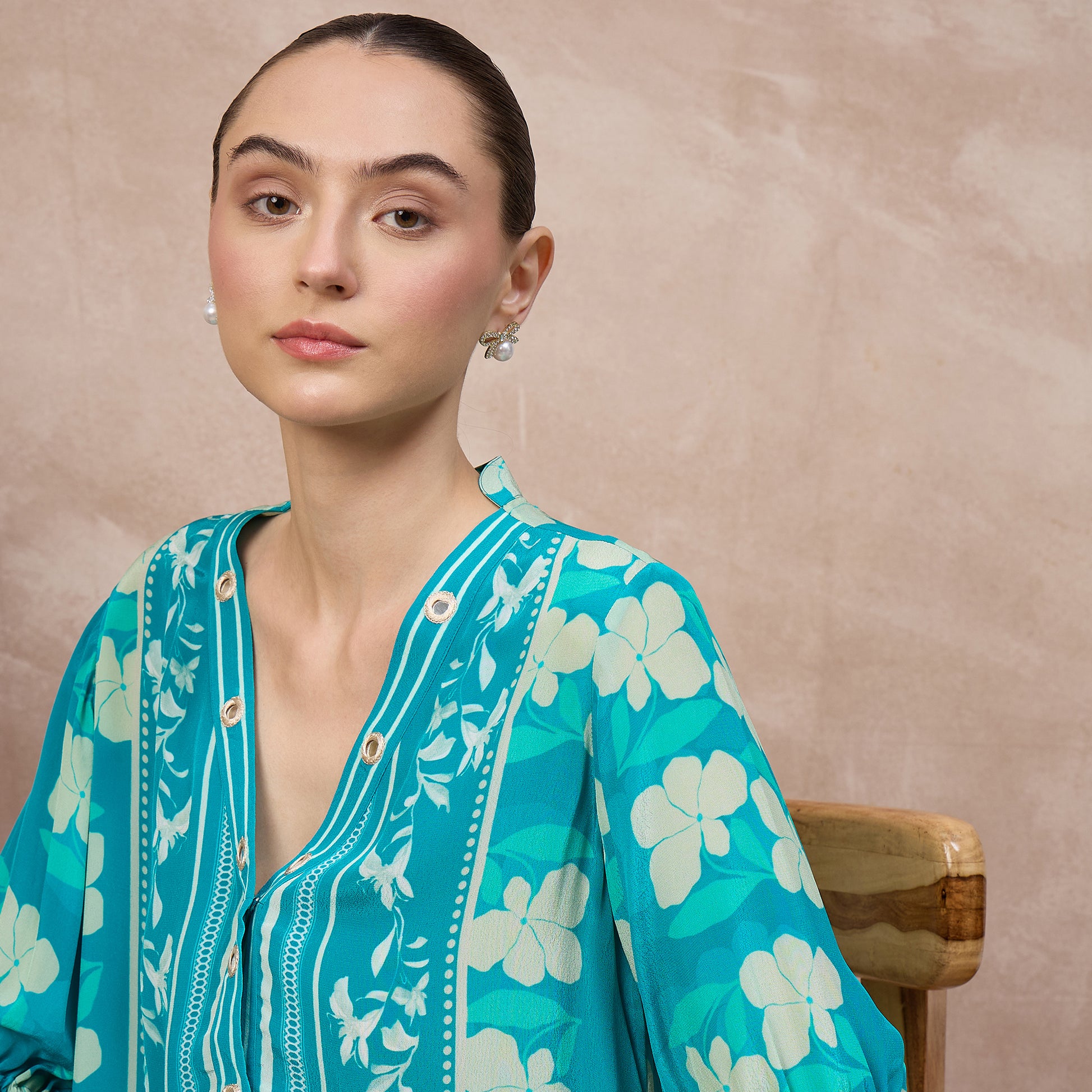 Sky Blue Floral Print Top for Women – Viscose Crepe – Back View | First Resort by Ramola Bachchan